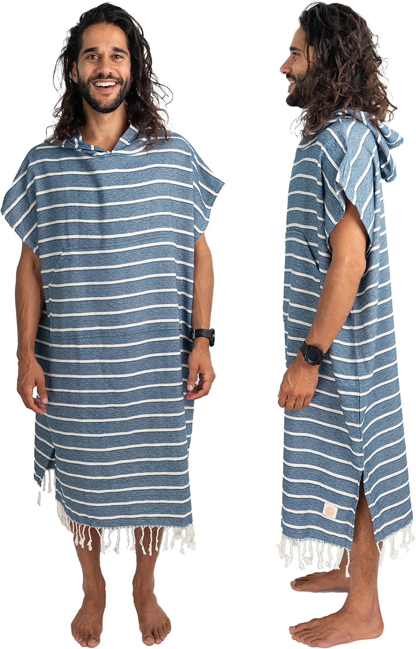 Surf Poncho – Navy & White Striped Surf Poncho Men – Large Adult Hooded Beach Towel Adult (33 x 44) – 100% Turkish Cotton Surf Towel Changing Robe for Surf Beach Pool and Swim