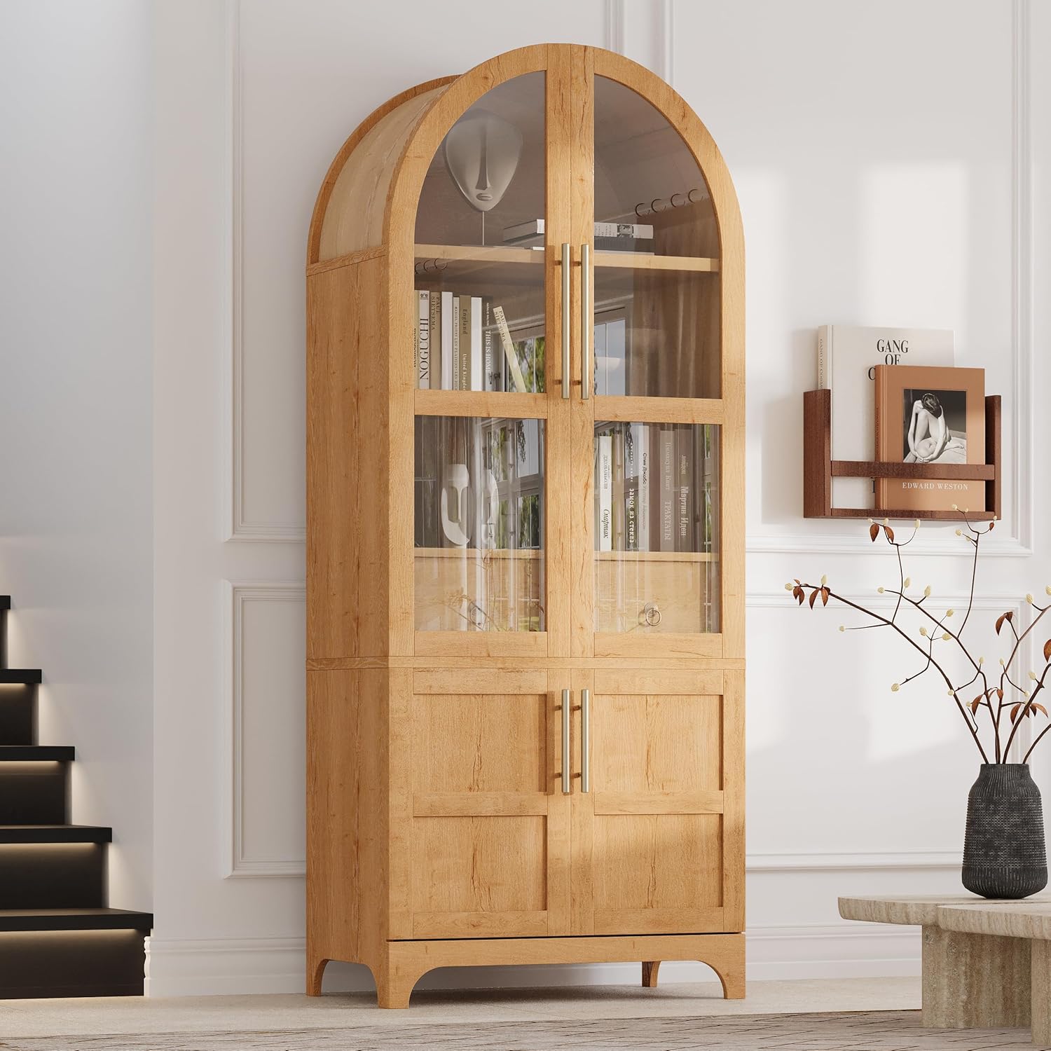71" Tall Arched Kitchen Pantry Cabinet with Door Shelves, Farmhouse Kitchen Storage Cabinet with Adjustable Shelves, Hidden Drawer & Glass Door, Cupboard for Kitchen, Dining Room, Natural