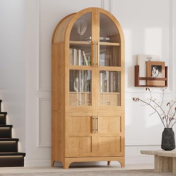 71" Tall Farmhouse Arched Pantry Cabinet with 4 Door Shelves, Adjustable Storage & Hidden Drawer - Rustic Kitchen Cupboard with Glass Door, Dining Room Organization 30"W x 15.75"D Natural