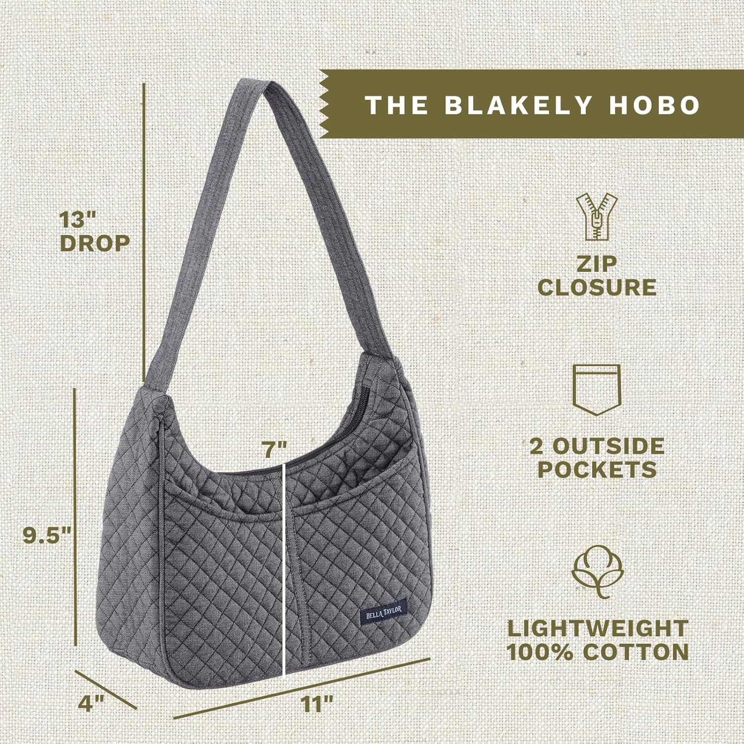 Bella Taylor Blakely - Hobo Shoulder Bag for Women - Lightweight Quilted Fabric Purse with Pockets - Image 4