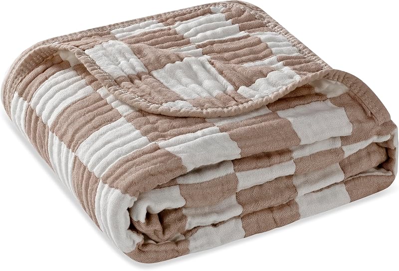 Ultra Soft Muslin Baby Blanket,A Versatile Swaddle and Bed Blanket for Babies, Toddlers, Boys, and Girls (1 Coffee Checkered 1 Pack). | 70% GOTS organic cotton & 30% viscose from bamboo, ultra-soft neutral, newborn toddler swaddle, crib & stroller, curated box