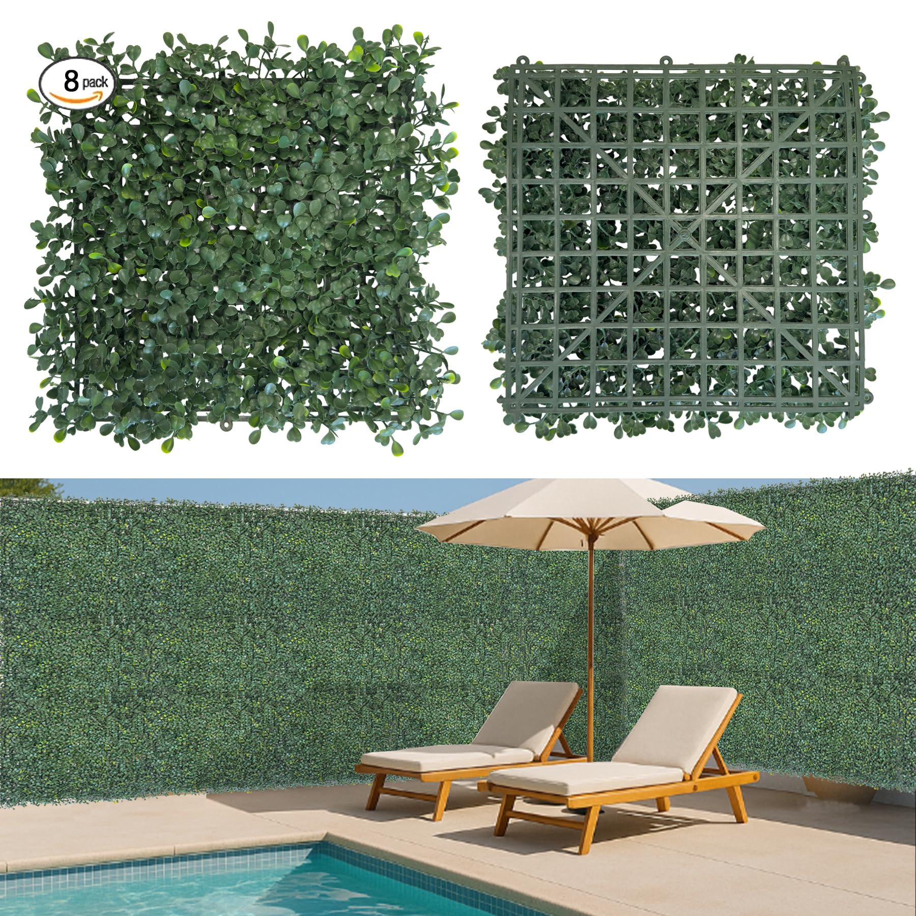 Photo 1 of Vdvst  Wall Panels 8 PCS 10"x 10" Artificial Boxwood Panels with 50 Zip Ties, Fake Greenery Backdrop Wall Grass 3 Layer Backdrop Artificial Plant Walls for Outdoor Indoor Garden Fence Backyard