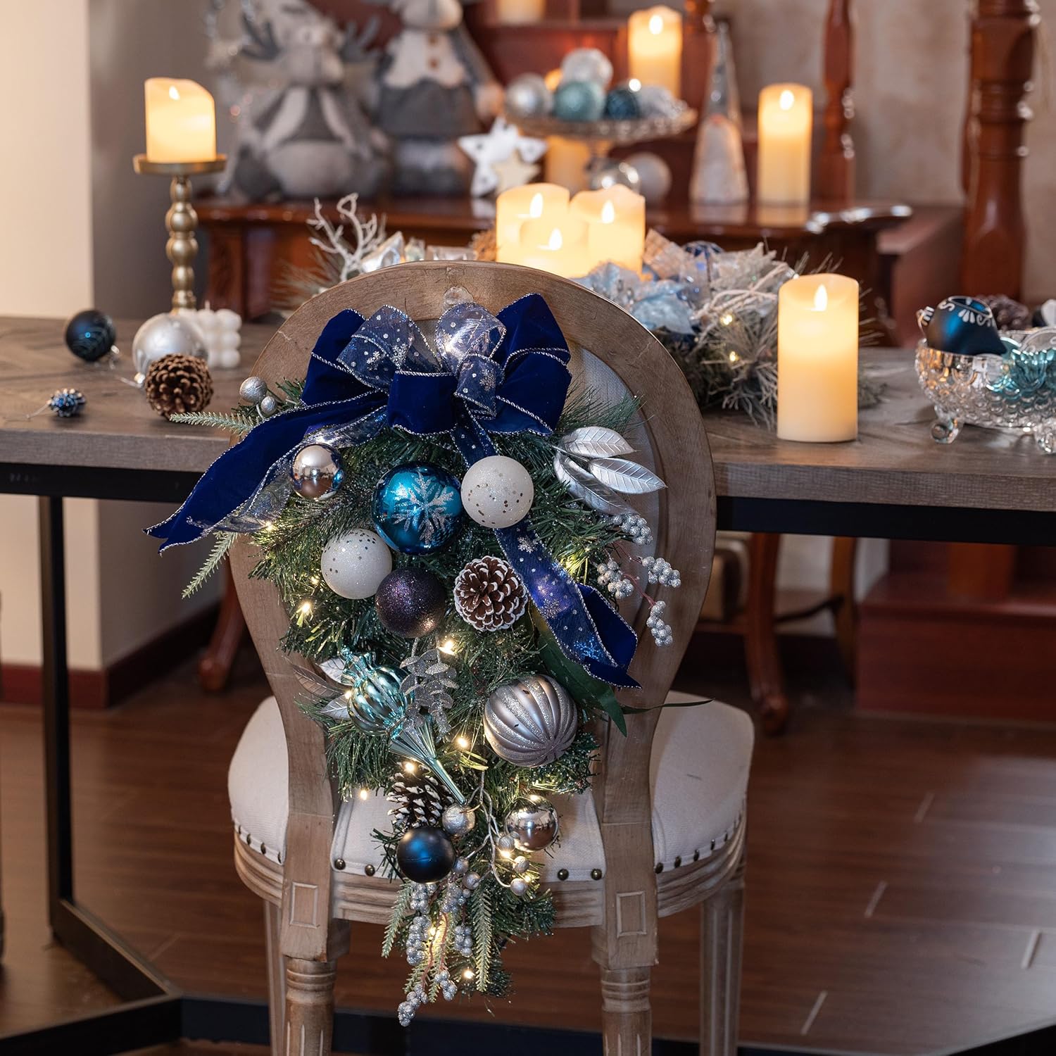 Valery Madelyn Pre-Lit Christmas Teardrop Swag for Decorating Outdoor, 24 Inch Silver Blue Mailbox Swag Decoration with 20 LED Lights, Ball Ornaments for Front Door Stairway Window Shelf Xmas Decor