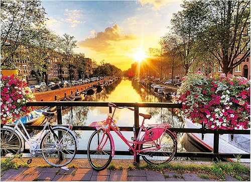 Rompecabezas para adultos, 500 piezas, flores primaverales, tranquilo, río, amanecer, pintoresco Ámsterdam con bicicletas, paisaje, 500 piezas, arte