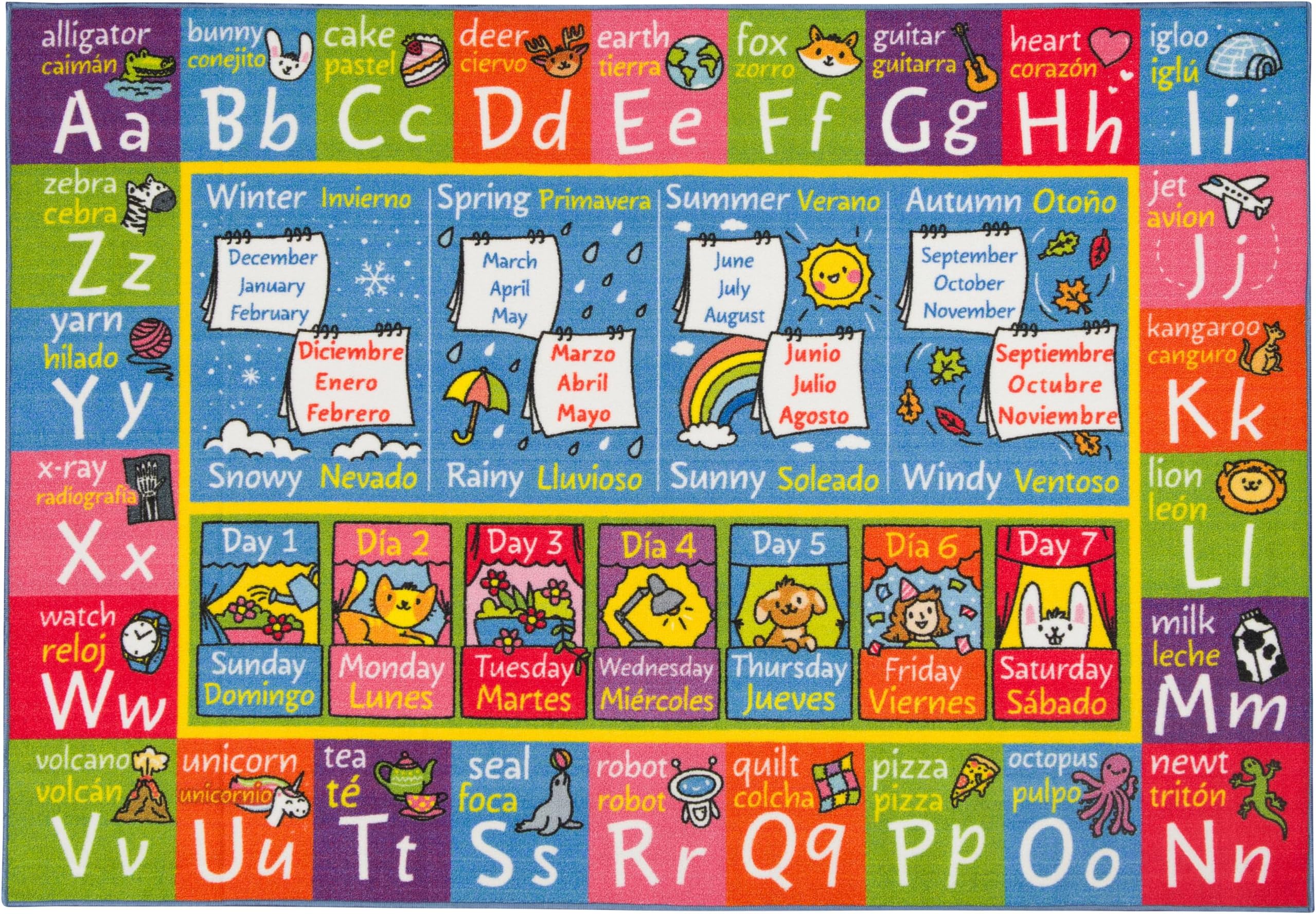 Bilingual Educational Kids Rug – English & Spanish ABC, Seasons & Days Mat – Language Learning Carpet Classroom & Playroom Baby-Toddler 5X7