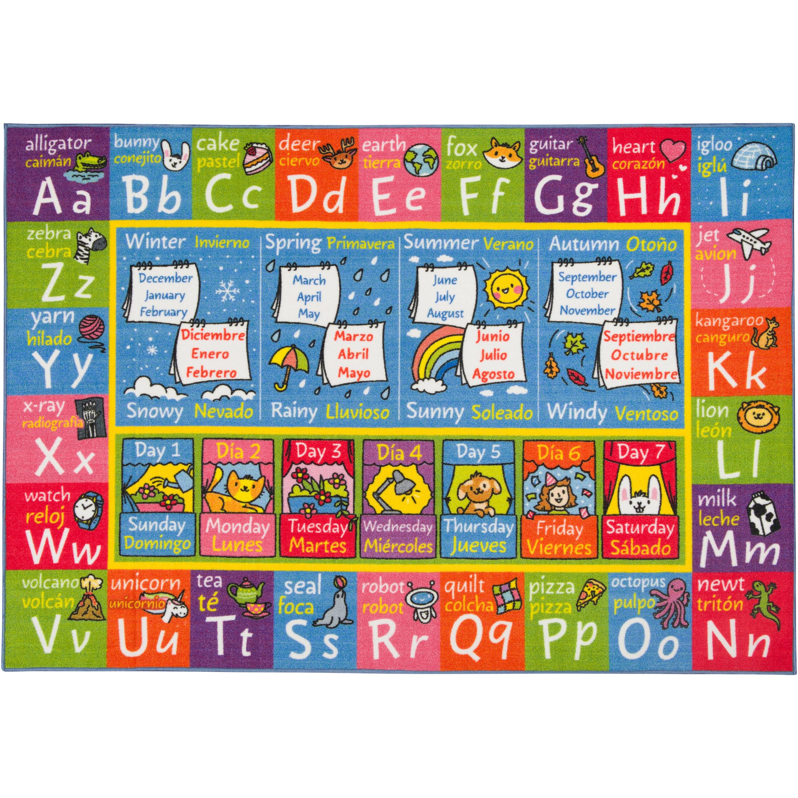 KC Cubs Bilingual Educational Kids Rug – English & Spanish ABC, Seasons & Days Mat – Language Learning Carpet Classroom & Playroom Baby-Toddler 5X7