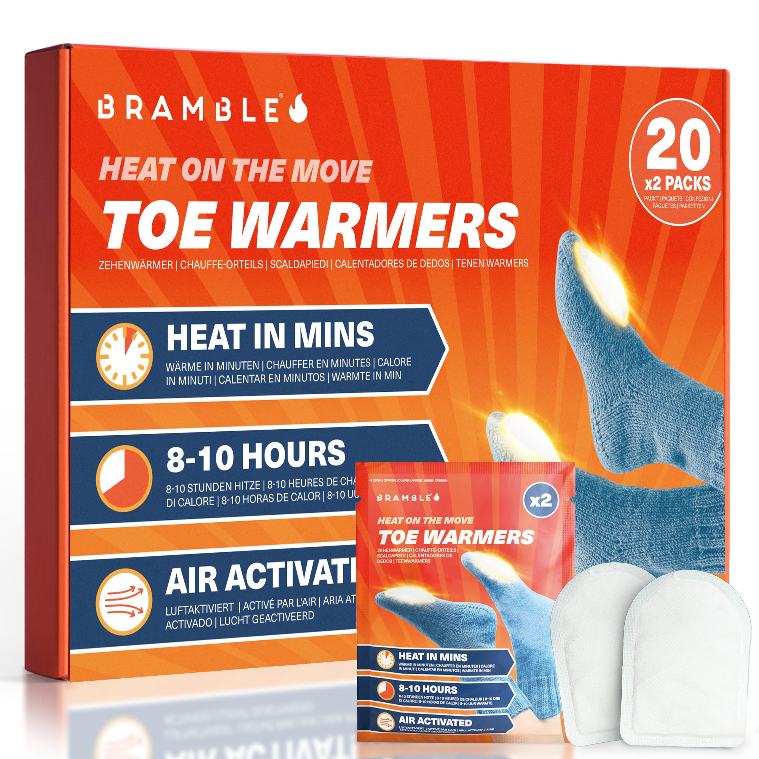 Bramble - Adhesive Toe Warmers (20 Pairs, 40 Total) - Ultra-Thin Stick-On Patches for Shoes and Boots - Air-Activated & Odour-Free - Up to 10 Hours of Heat