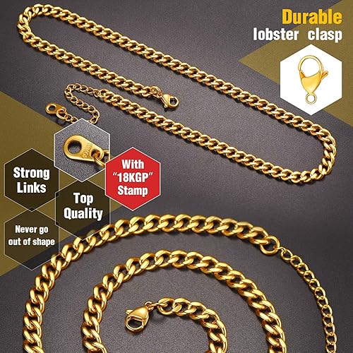 Miniatura 4 de ChainsPro 14-30" Mens Sturdy Miami Cuban Chain Necklace, 57912MM Width, 316L Stainless Steel18K Gold Plated-Durable Clasp (Send Gift Box)
