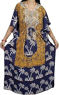Mogul Interior Womens Kaftan Maxi Dress,Voactional Loose Dress Yellow Batik Print Caftan 2XL