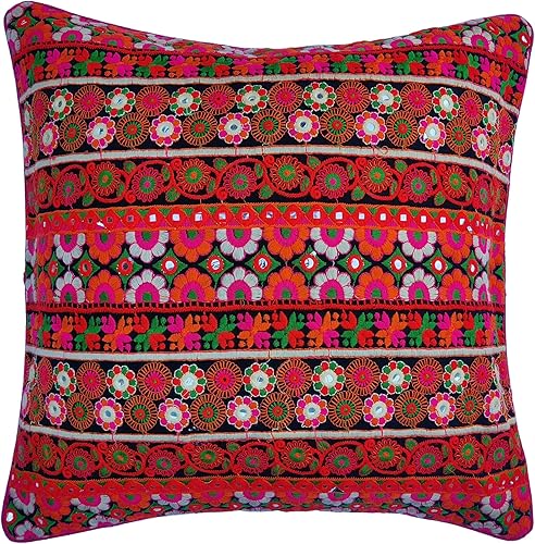 Craftbot Fundas de almohada bordadas  1 pieza  16 x 16 pulgadas  Bordado rojo y dorado  Almohadas indias de Bollywood  Funda de cojín de lujo  Funda