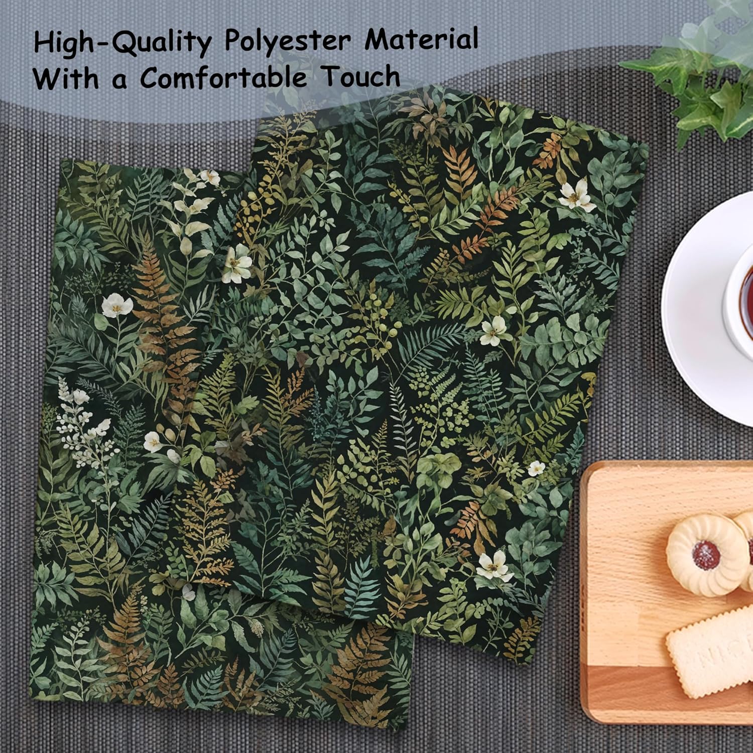 Dark Green Botanical Kitchen Towels, Rustic Plants Hand Towels for Bathroom Kitchen, Cottagecore Herb Fern Leaves and Flower Decorative Dish Towels Drying Cloth, 16x24 Inch Set of 2 - Image 6