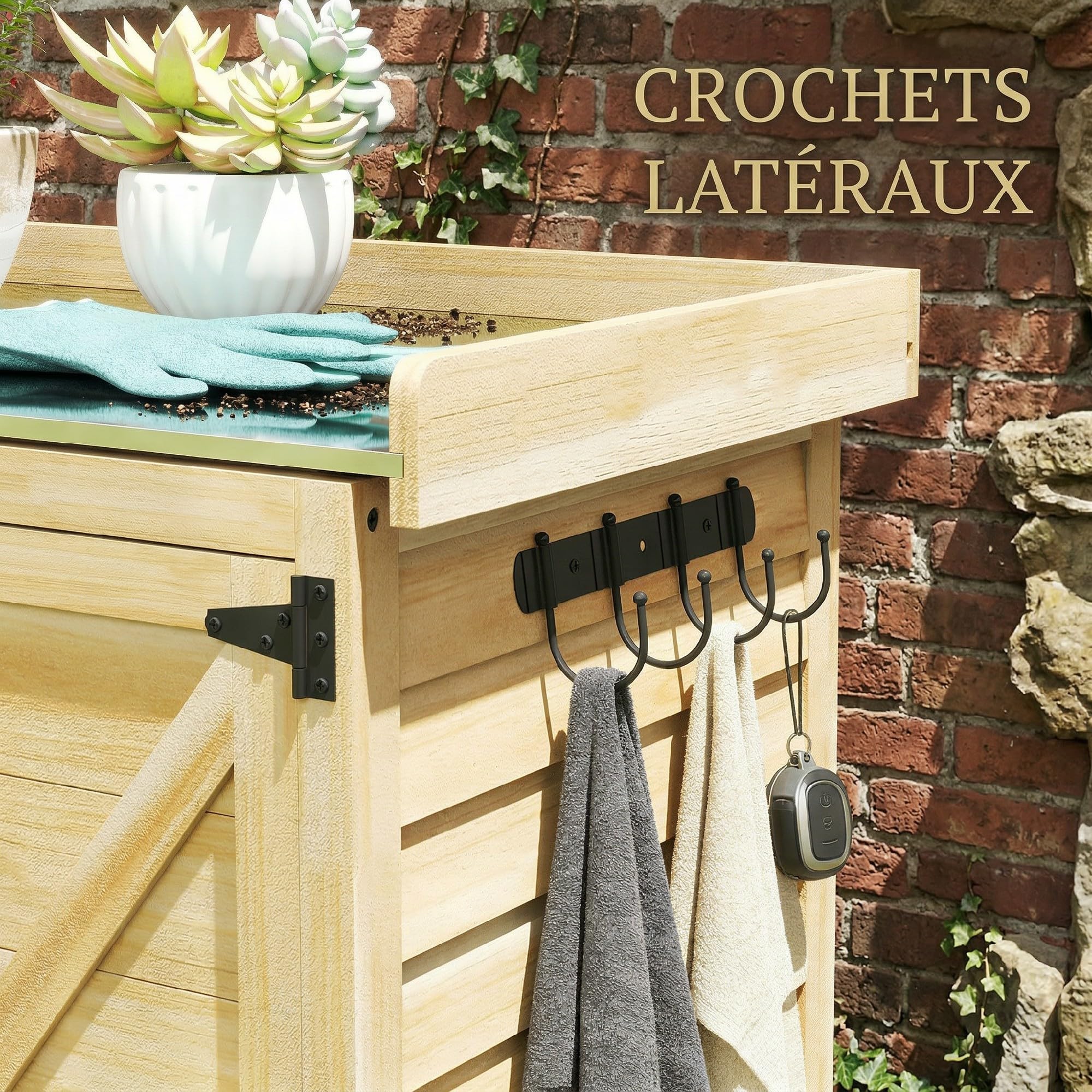 Outsunny Armoire de Jardin en Bois, Armoire extérieure de Rangement avec étagère et Crochets, Plan de Travail en métal galvanisé, Table de rempotage pour Balcon et terrasse 71,5x39x95 cm Bois Naturel