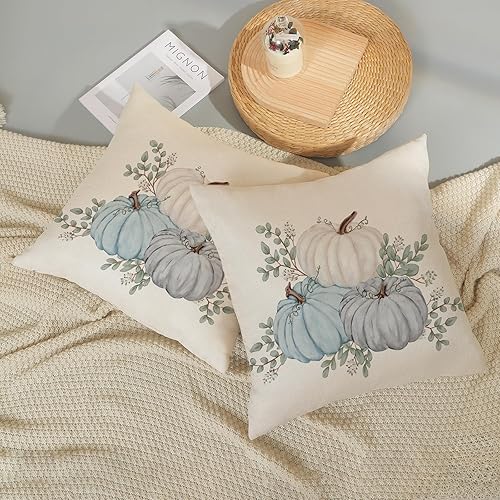 Miniatura 301 de Juego de 2 fundas de almohada de otoño de 18 x 18 pulgadas, hojas de arce de calabaza y búfalo a cuadros, decoración de otoño, de lino, Acción