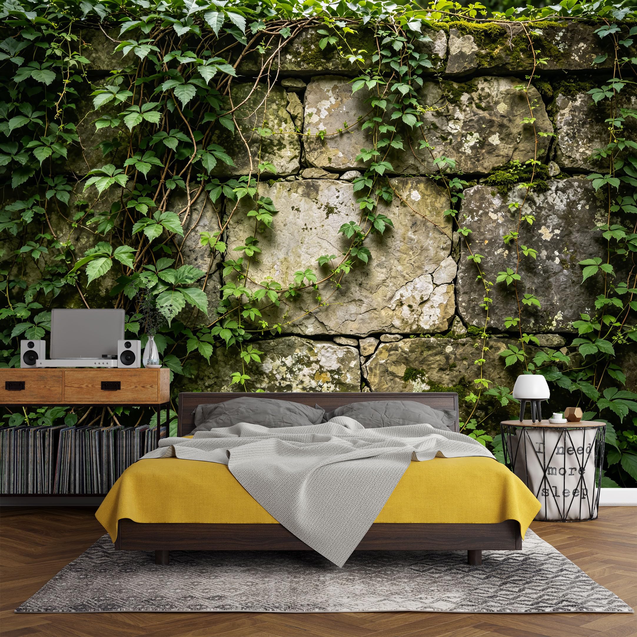 Custom Size Wall Mural， Botanical Ivy Stone Wall with Green Vines Forest Nature Texture，SelfAdhesive Art Prints wall Fabric (No PVC) Removable Wallpaper Living Room Decor