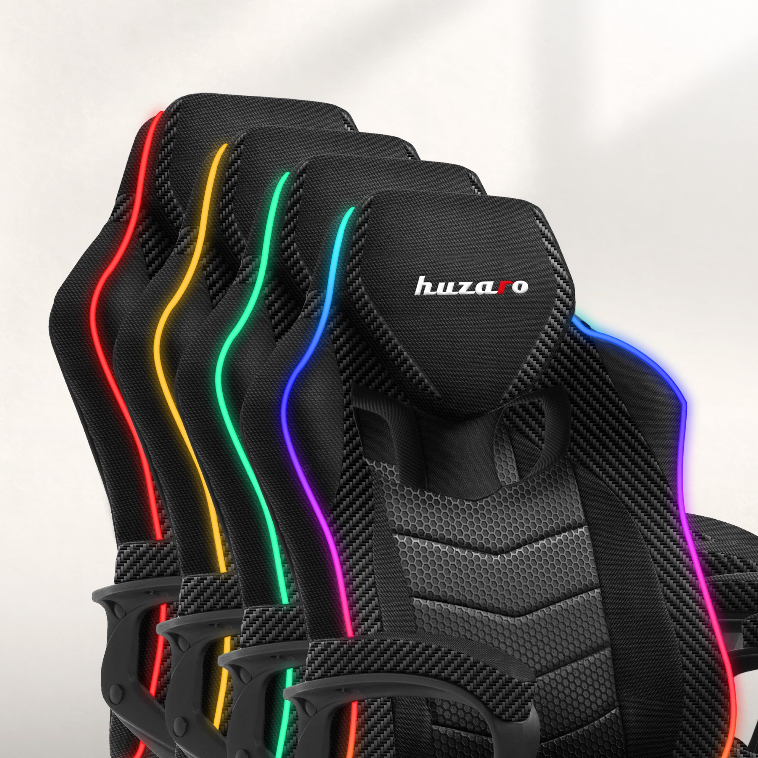 huzaro Force 2.5 Gaming Stuhl mit LED - ergonomischer Gaming Stuhl | RGB Beleuchtung mit Fernbedienung - Schreibtischstuhl Gaming mit Wippfunktion - SoftFlex - bis 130 kg - Schwarz Carbon