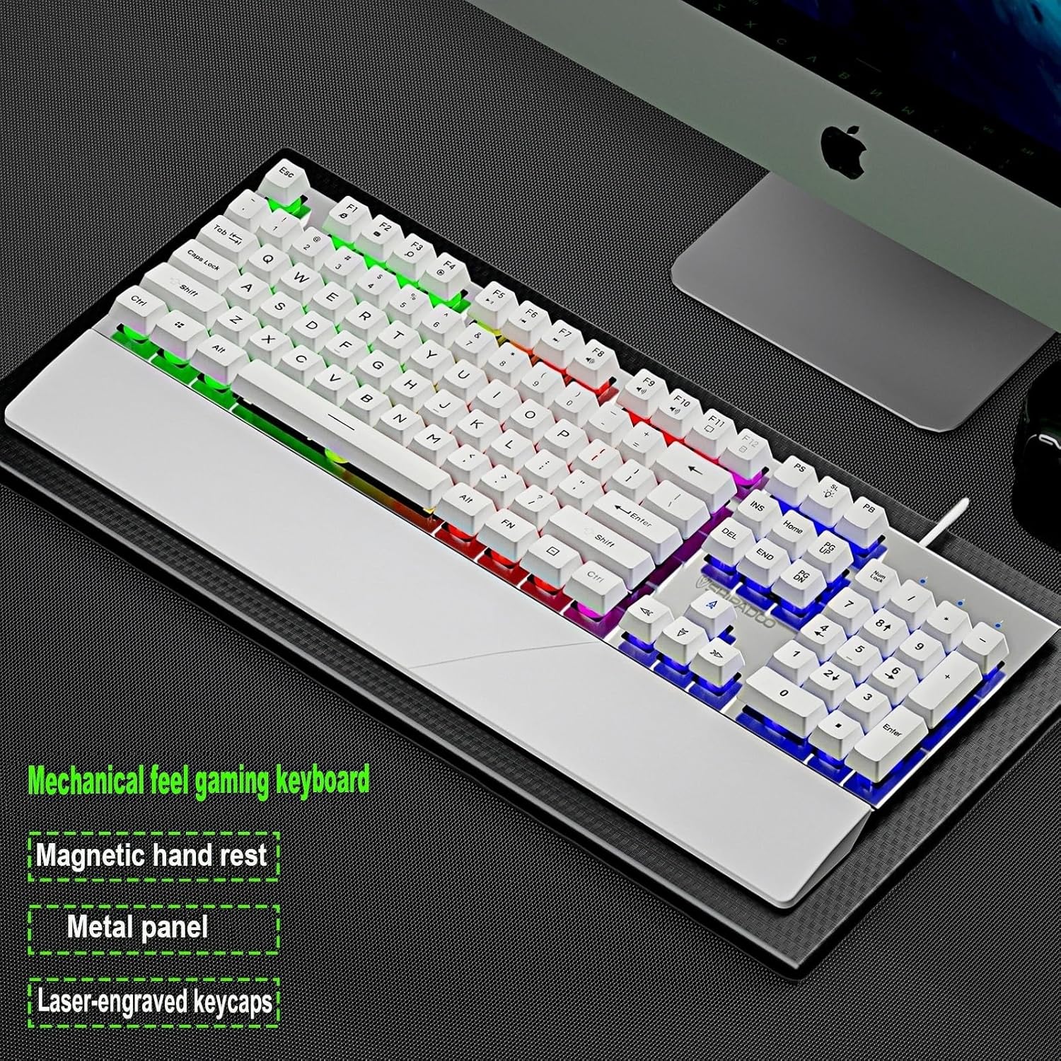 Wired Rainbow LED Gaming Keyboard,104 Keys Light Up Mechanical Feeling Computer Keyboard With Palm Rest for Windows, Laptop,PC Gamers Office Device,Travel, Easy to Carry on Business Trip,Woking(White)