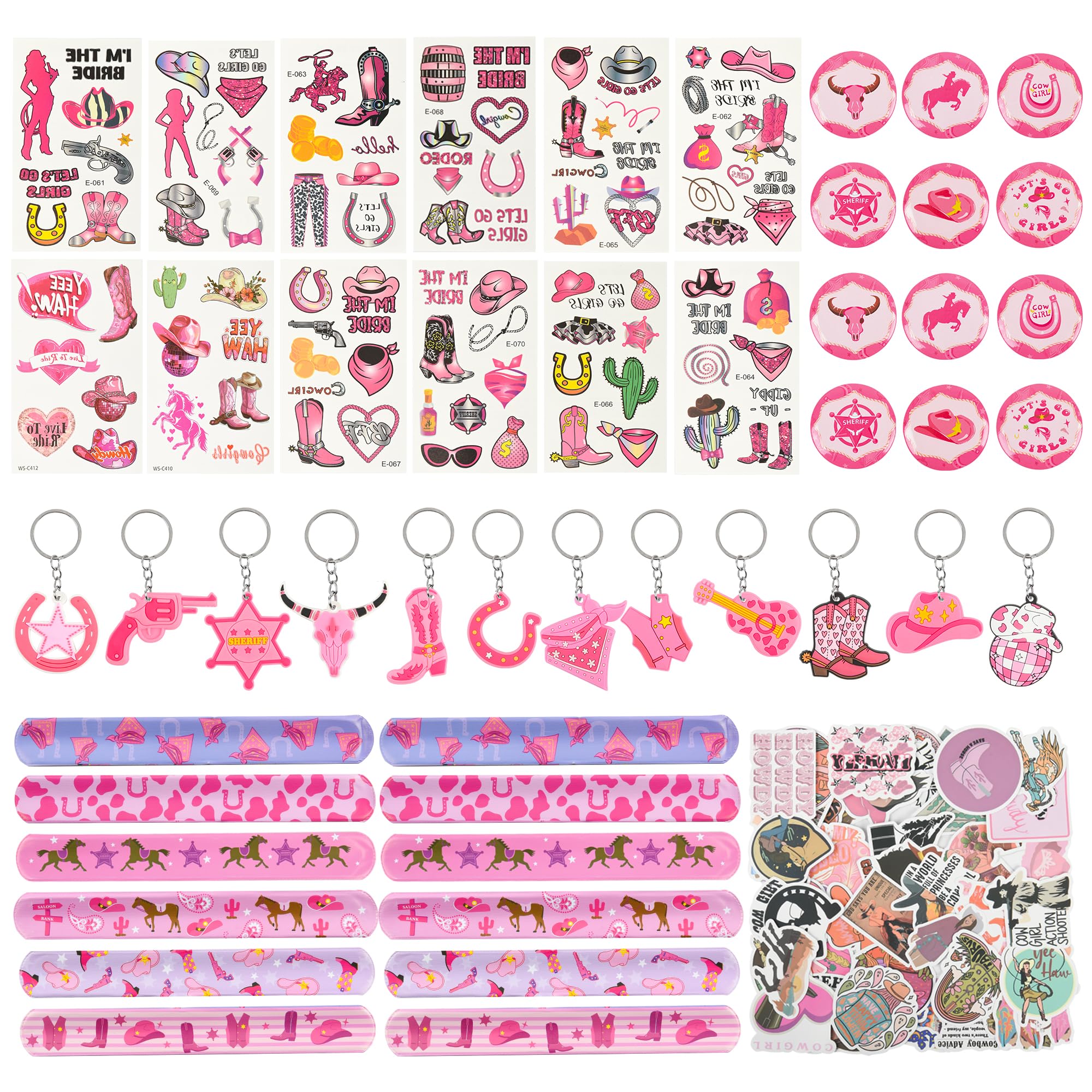 98 Pcs Cowgirl Party Favors Include Slap Bracelets Western Keychains Temporary Tattoos Button Pins Stickers Goodie Bags fillers for Bachelorette