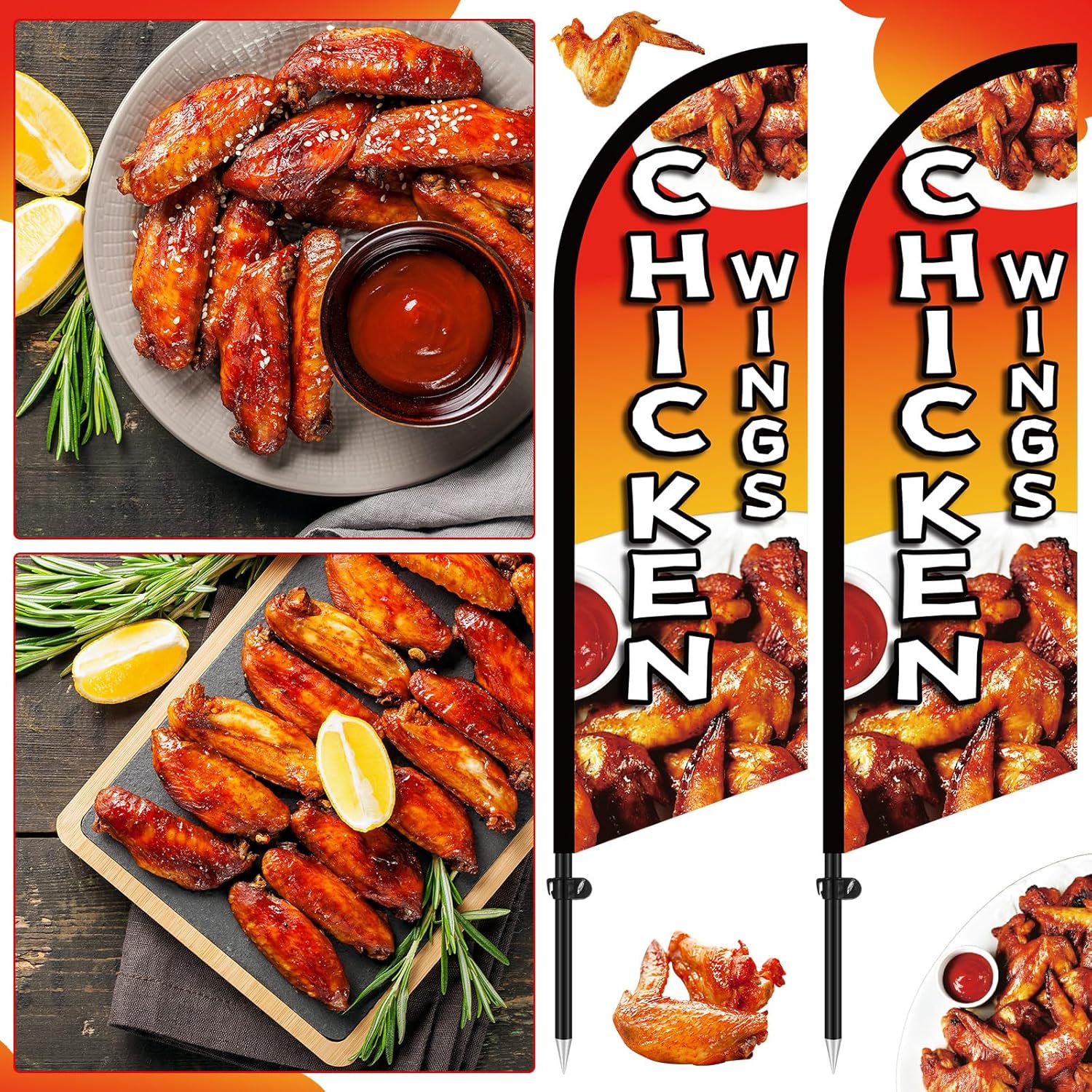 2 Sets Chicken Wings Feather Flags 8.2 FT Tall Windless Swooper Flag Kit Chicken Wings Advertising Banner Sign Flagpoles Ground Stakes for Snack Bar Restaurant Outside Businesses Advertising