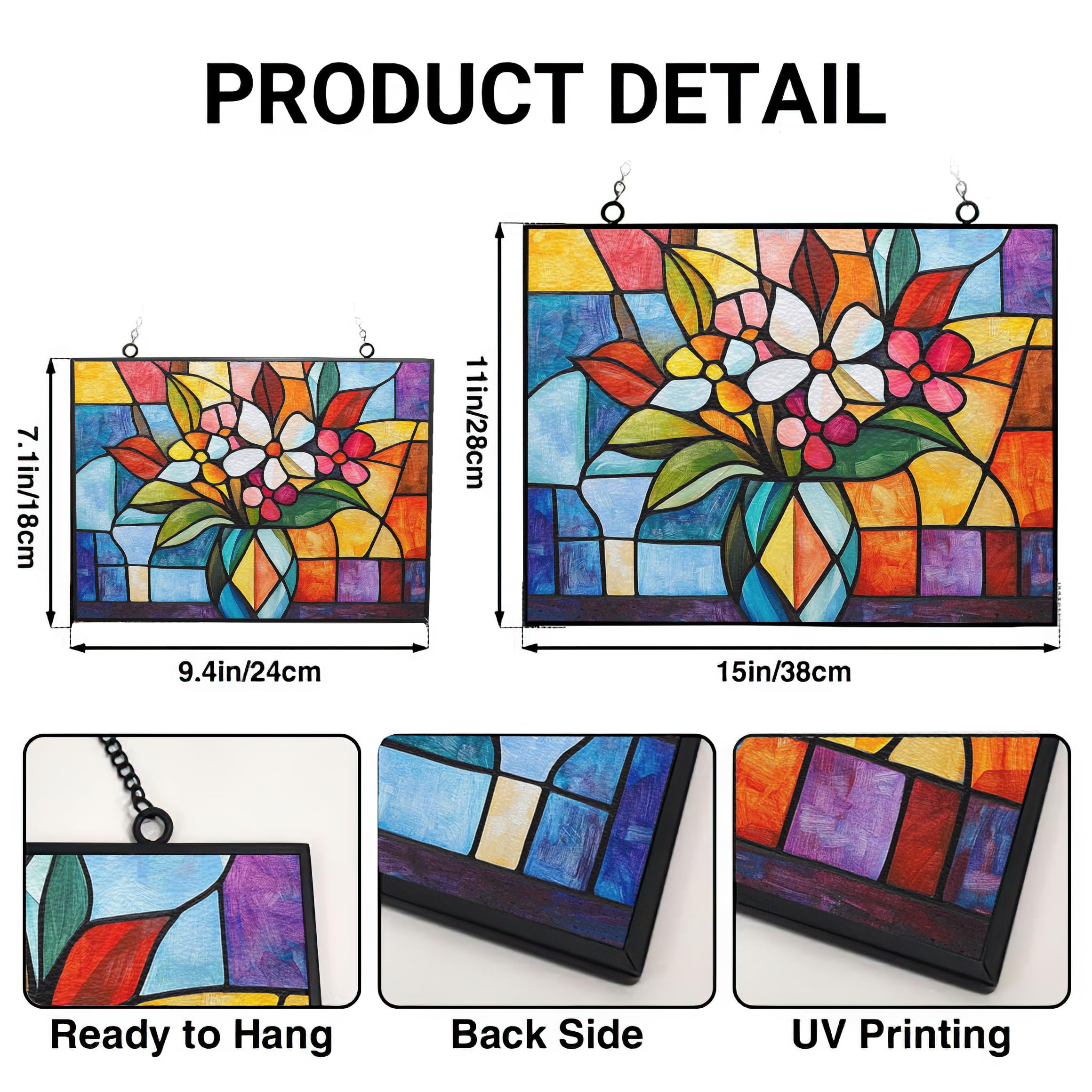 365CUSGIFTS Rectangle Abstract Vase Stained Glass Suncatcher 4 Season Colorful Window Wall Ornament Hand-Painted Glass Panel Decor Gift for Women Christmas Thanksgiving Gift 15