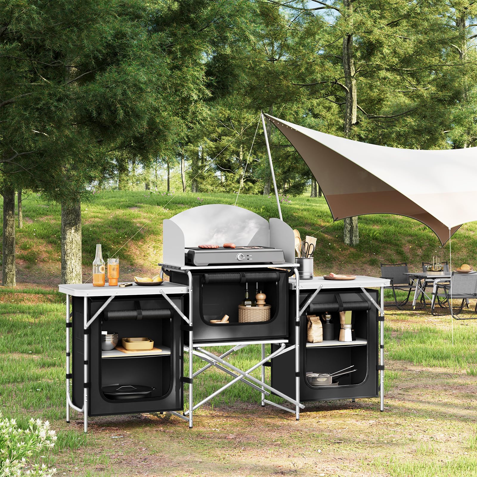 WOLTU Campingküche, Campingschrank faltbar, Outdoor Küche mit Arbeitsplatten Staufächern, Camping Tisch, Reiseküche, inkl. Tragtasche, Aluminium MDF, Schwarz
