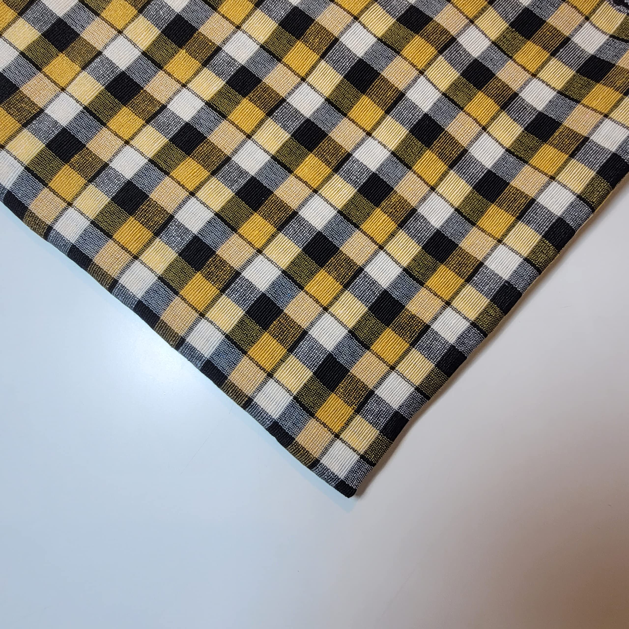 Lniana tkanina w kratkę w kratkę w kratę Khadi miękka tkanina lniana w kratkę tkanina Vichy 106 cm E (5 m, musztardowo-czarno-biała (1/4 cala)