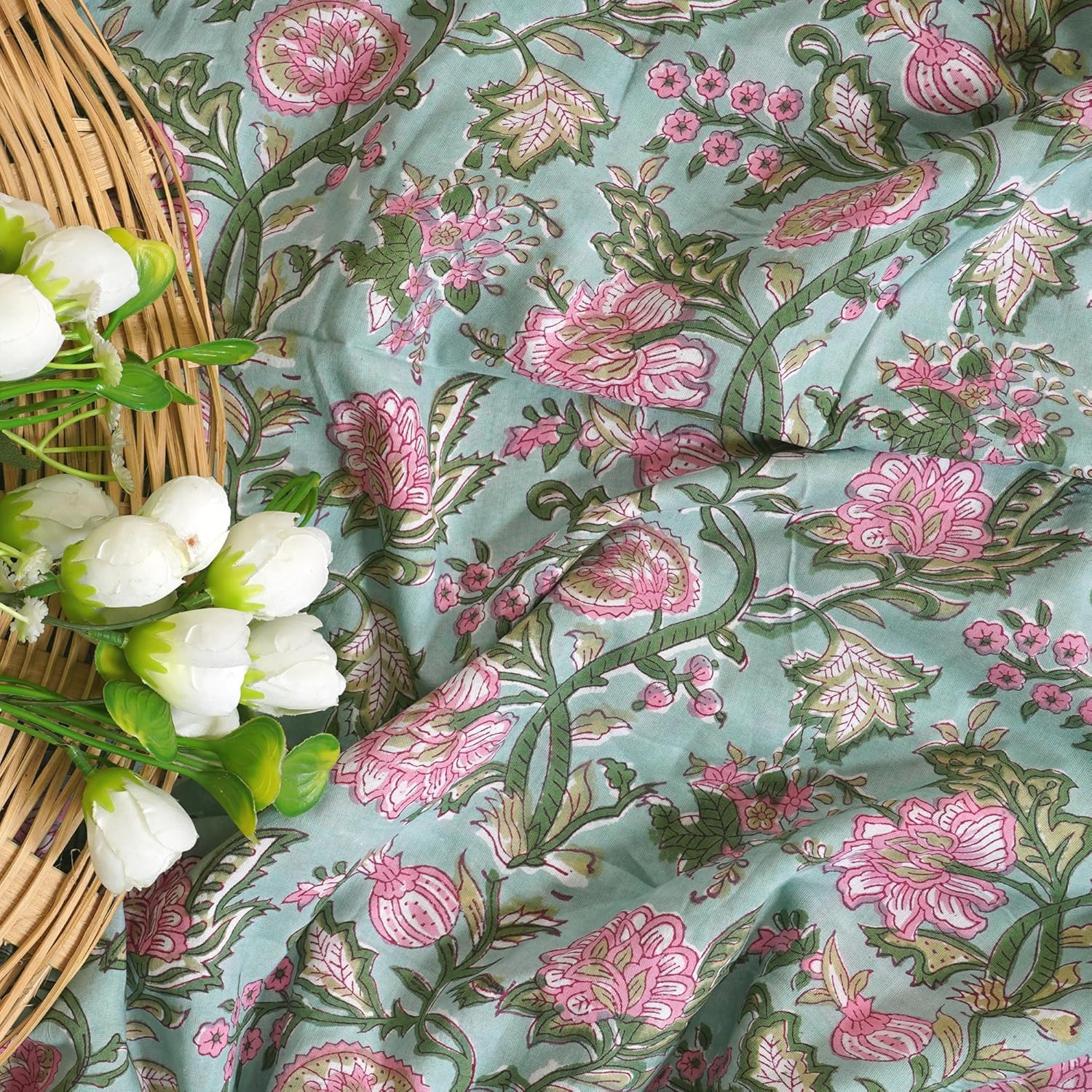 Treen Art Ethnic Indian Hand-Block Printed Floral Pattern Fabric Cut by The Yard 100% Cotton Material Quilting, Sewing, Crafts, Arts (5 Yard, Green Pink Floral)