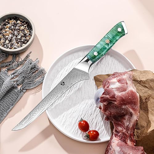 Miniatura 6 de WILDMOK Cuchillo deshuesador, cuchillo de filete de damasco de 7 pulgadas, cuchillo japonés de acero de Damasco, corte de carne, tallado, hueso,