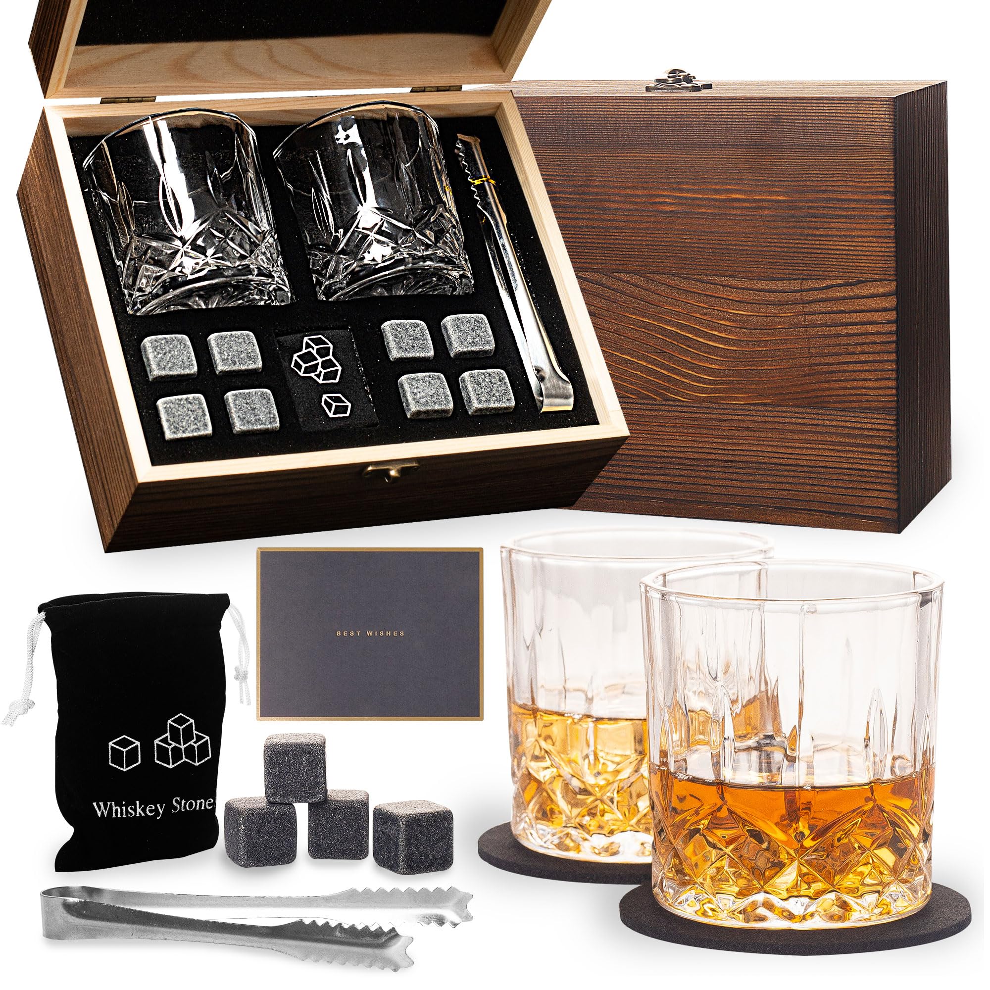 HONGCI Whiskey Glass Gift Set - 30th 40th 50th 60th Birthday Gifts for Men, Wood Box Valentines, Anniversary, Christmas, Thanksgiving Presents, Father's Day Men Dad Husband