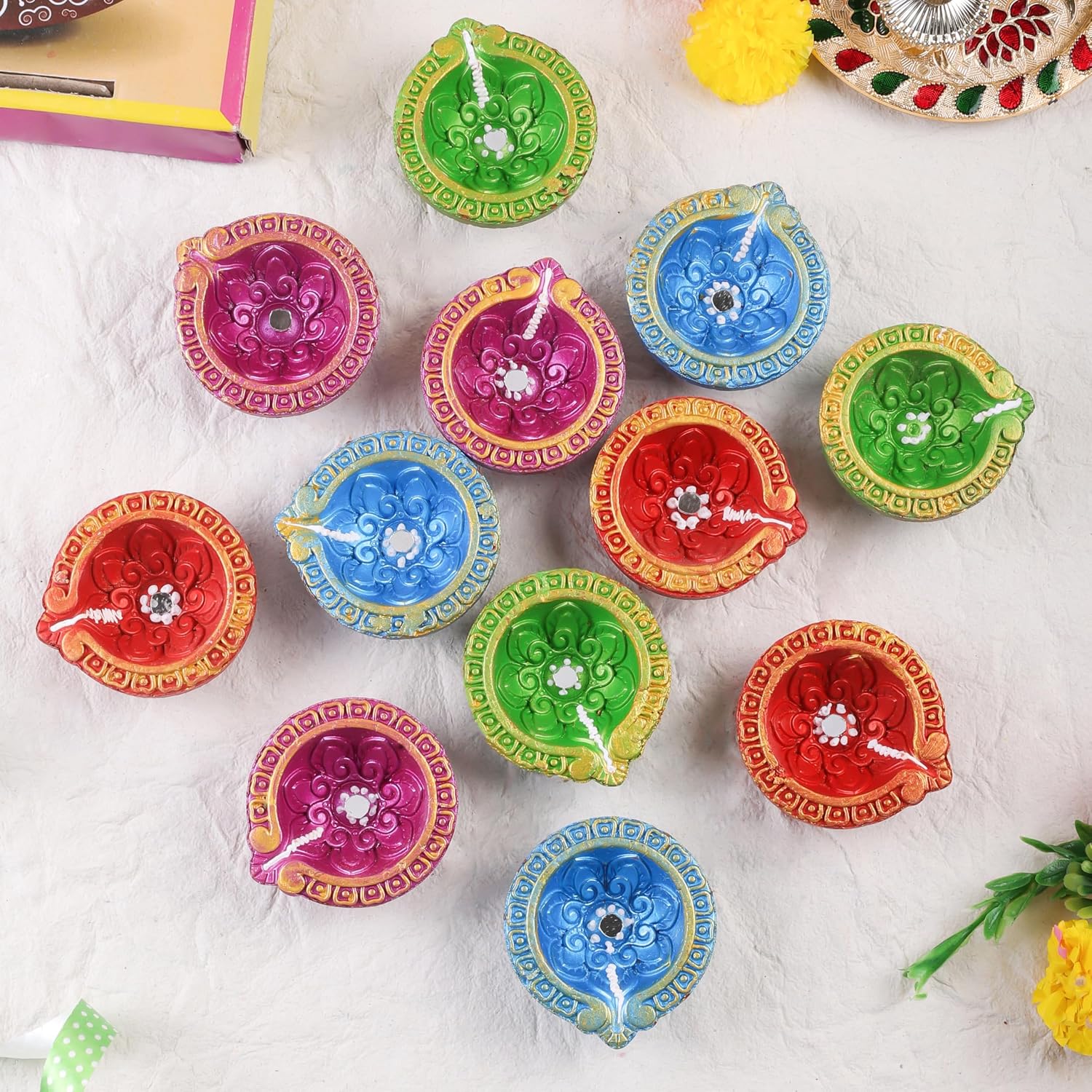 Handmade Leaf Terracoaat Set of 12 Multicolor Clay Diya for Diwali/Navratri Decorations Oil Lamp Diwali Clay Diya Tea Light Holder Indian Decor Festival Gifts Puja Items-DIYA11H04