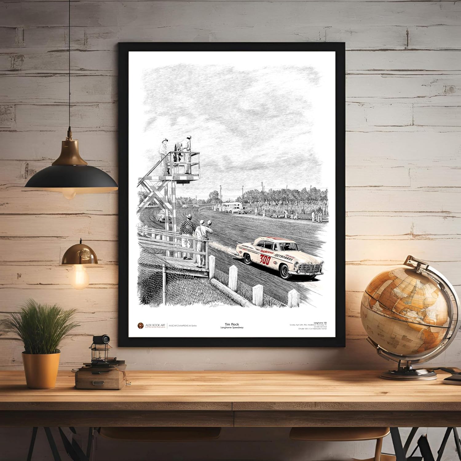 1955 Tim Flock Chrysler Racing Car Art Print | Langhorne Speedway Ink & Watercolor Wall Art | NASCAR Retro Race Poster | Best Home, Office, Garage Décor Gift for Racing Fans