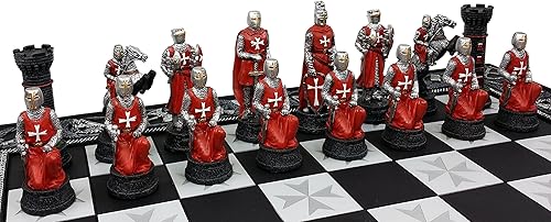 Miniatura 9 de Medieval Times Crusades - Juego de ajedrez blindado de caballeros malteses rojos y blancos con tablero de 17 pulgadas