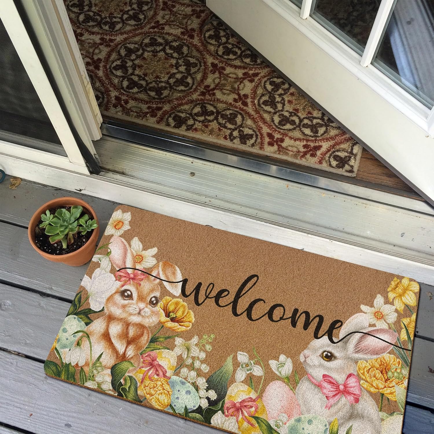 Easter Bunny Floral Door Mat, Bunny Rabbit Flower Welcome Front Door Mat Indoor Outdoor Entrance, Easter Artificial Coir Doormats Rugs for Porch Entryway Decor 30x17in