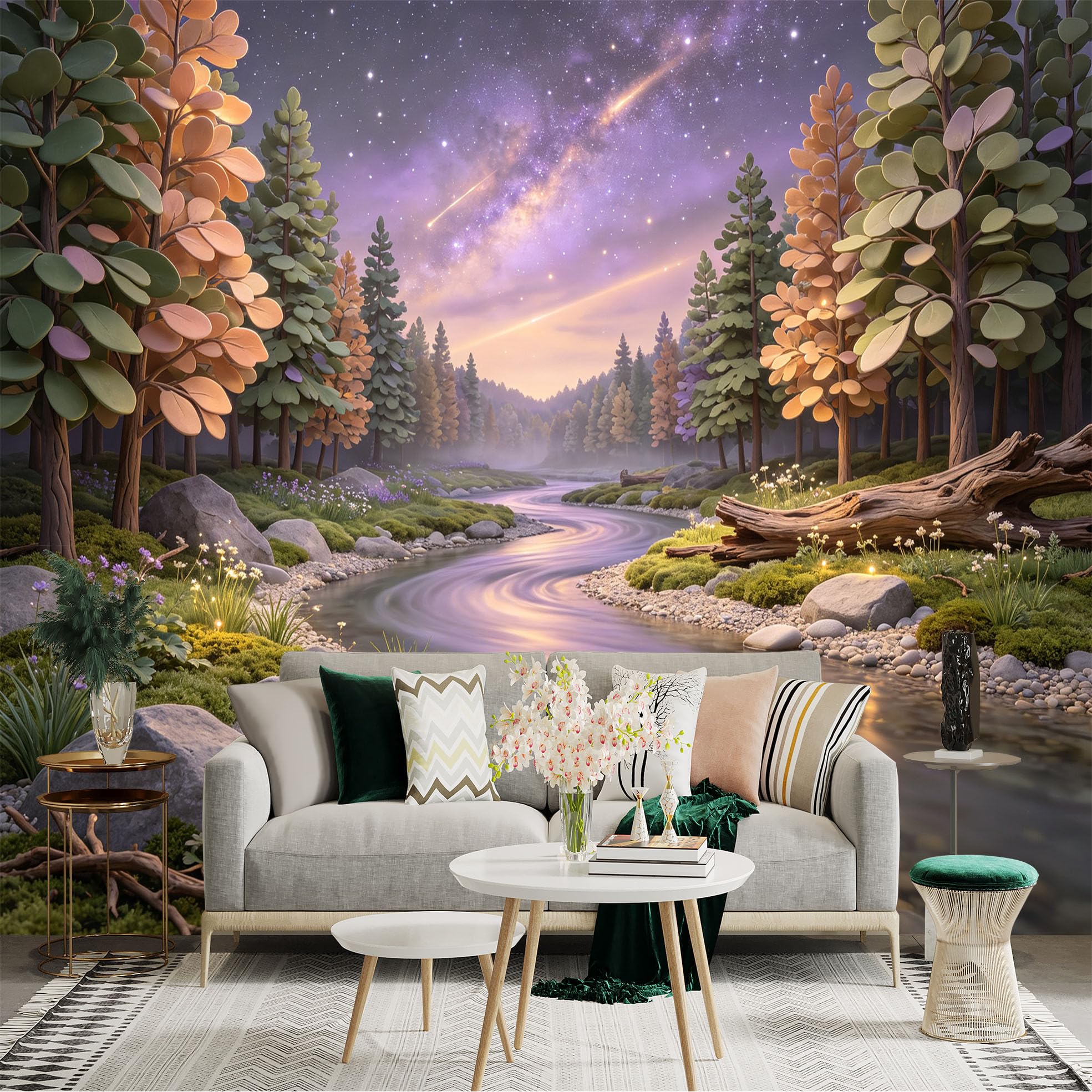 Custom Size Wall Sticker Mural， Enchanting Forest River Landscape， Milky Way Starry Sky， Serene Woodland Nature， for wall Decoration， peelandstick wall Decals.