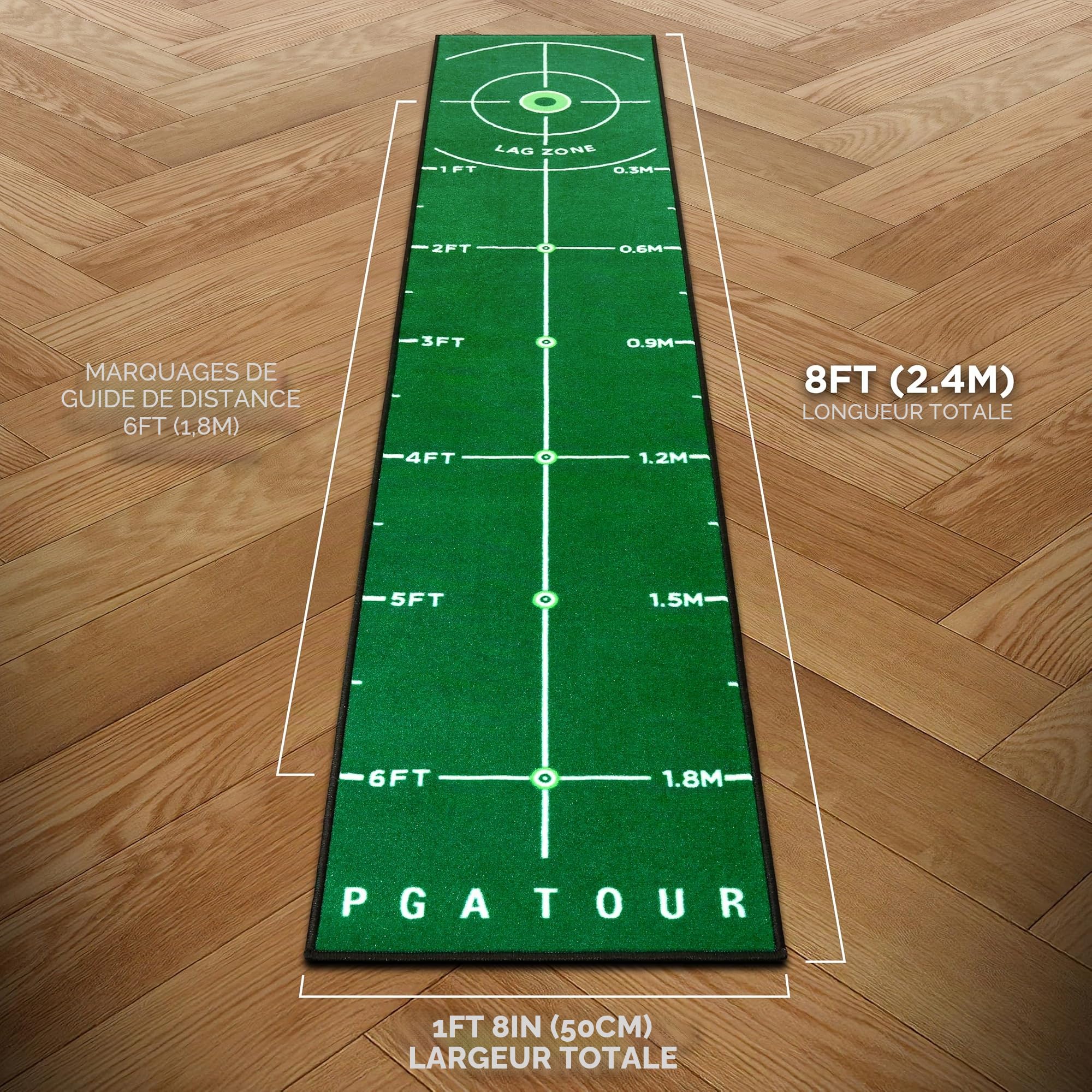 PGA Tour Tapis de Golf de Luxe de 2,4 m pour Golf d'intérieur, Tapis de Golf avec Instructions d'entraînement, Cible de Trou Pleine Grandeur, Zone de Lancer de 1,8 m, Vert, Sac de Transport Portable