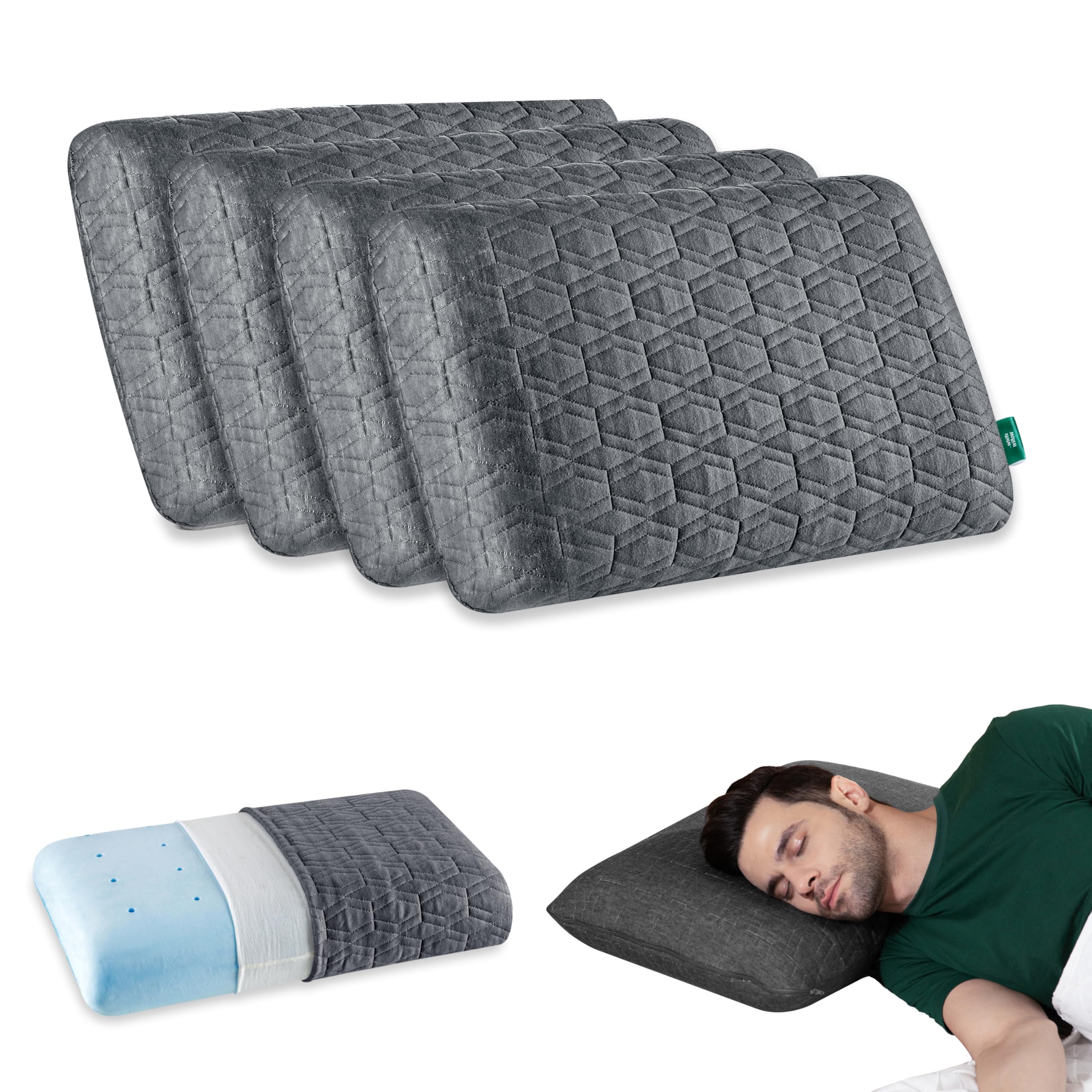 The White Willow Memory Foam Pillow Set of 4-Cool Gel Pillow for Neck & Shoulder Pain-Cervical Pillow for Sleeping-Orthopedic Pillow for Back, Side & Stomach Sleepers-Medium Firm-King Size-4" H-Grey