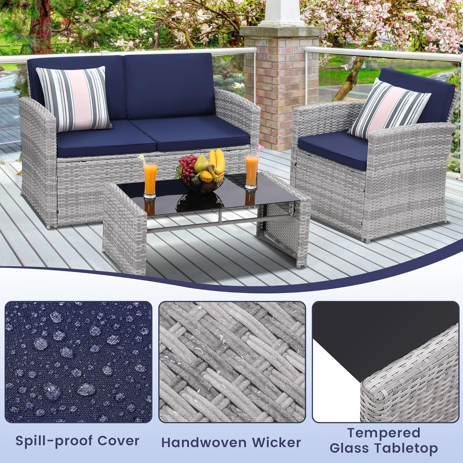 KROFEM 4-Piece Patio Furniture Set, Wicker Outdoor Rattan Sectional Sofa with Cushions and Glass Table, All-Weather Outdoor Conversation Set, Ideal for Garden, Porch, Backyard, Navy