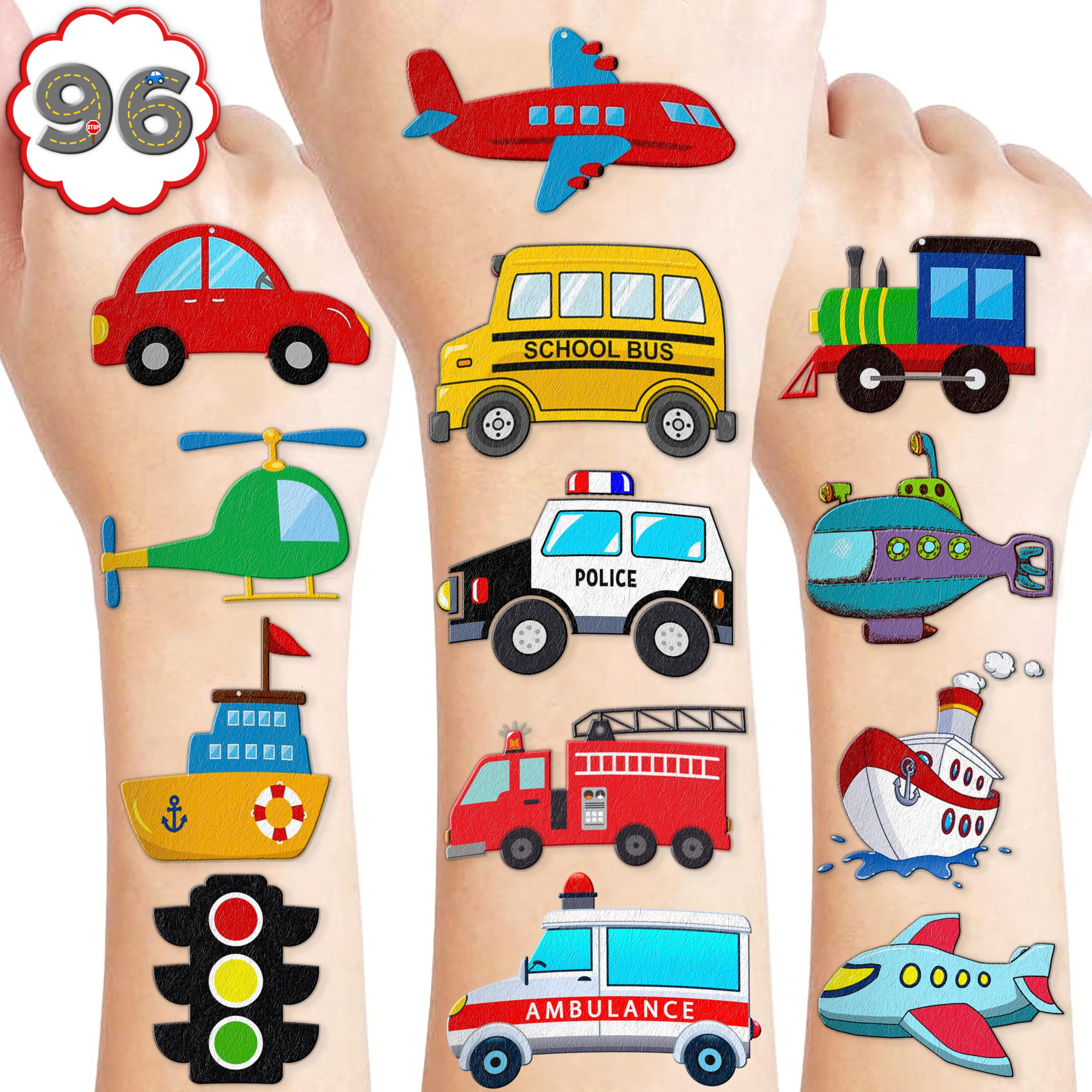 Transportation Temporary Tattoos Birthday Themed Party Supplies Decorations Favors 8 Sheets 96PCS Vehical Decor Cute Stickers Tattoo for Class School Prizes Gift for Kids Boys Girls Carnival Rewards