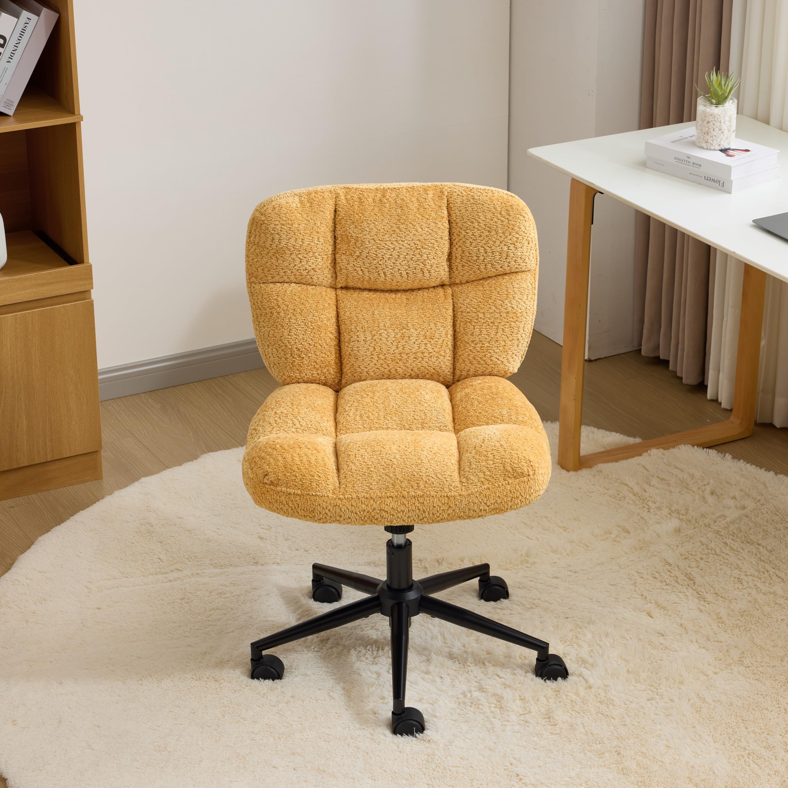 VINGLI Cross Legged Office Chair, Office Chair No Arms, Chenille, Yellow