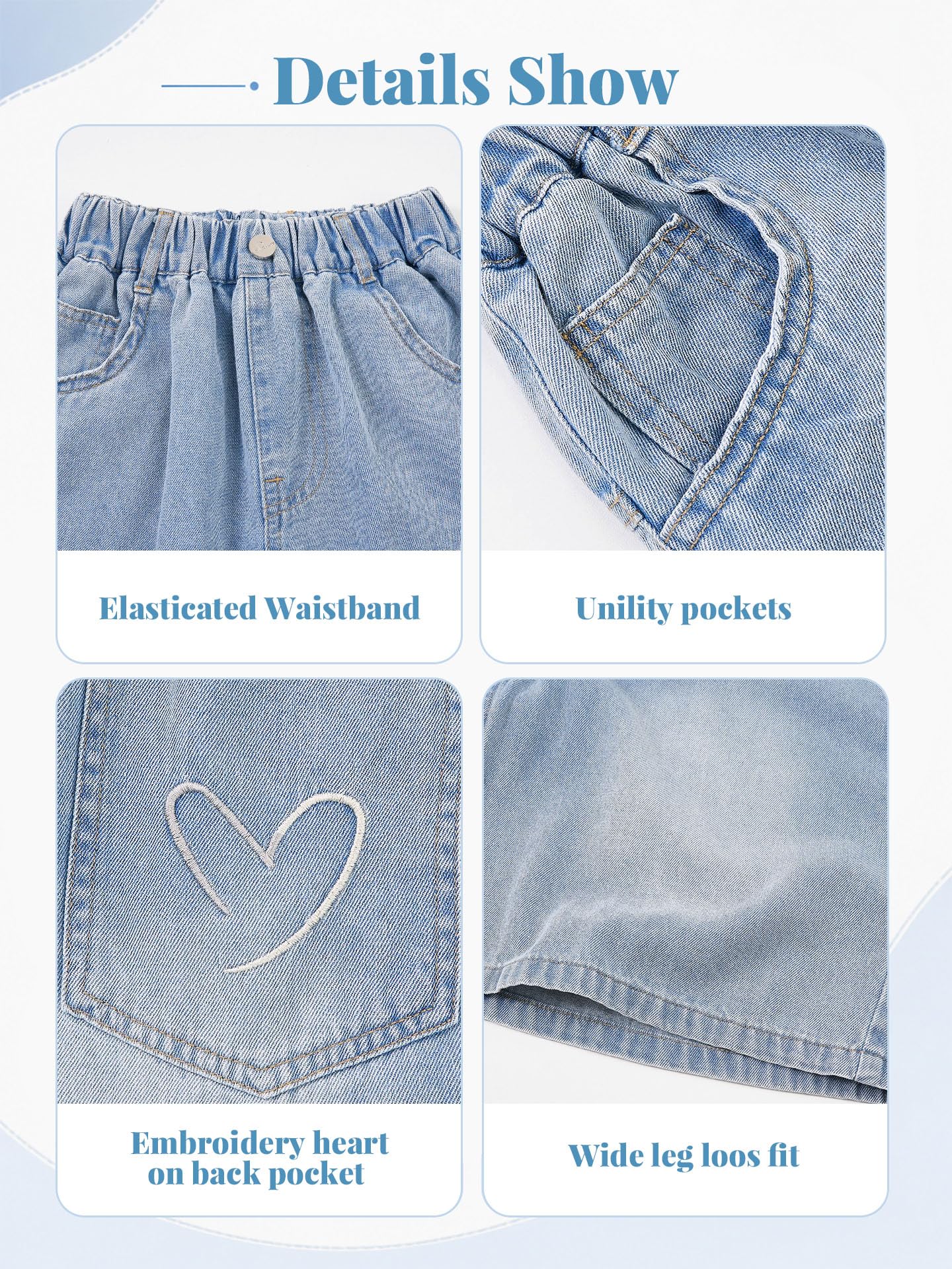 Rolanko Short en Jean pour Filles, Taille Élastique Bermudas Jambes Larges Shorts D'été pour Ado Enfant