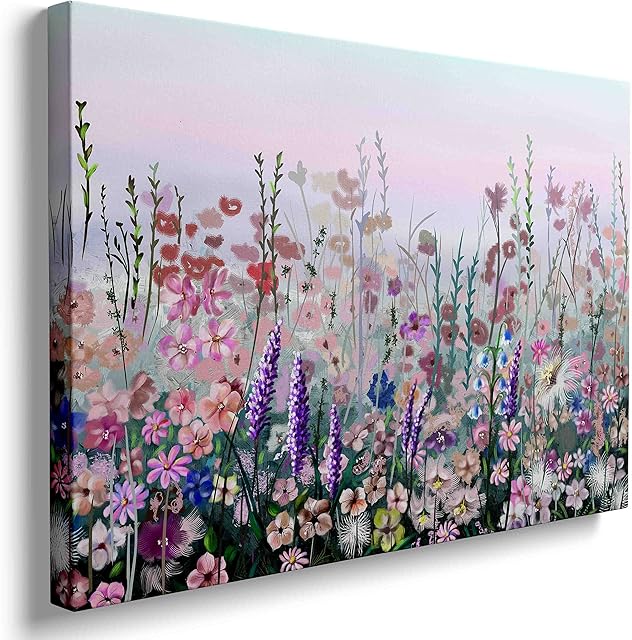 Whatarter Pink Flower Wall Art Bedroom Wildflower Romantic Colorful Floral Canvas Prints Purple Pictures for Girl Room Office Canvas Wall Decor Living Room Modern Paints Artwork Decoration 16x24 inch
