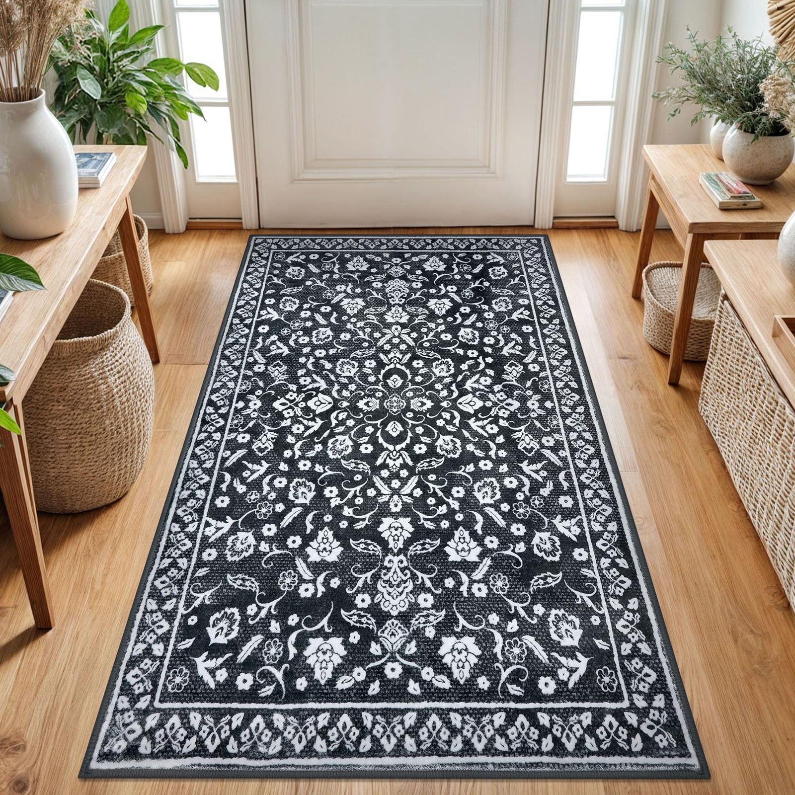 SILOLOOM Vintage 3x5 Washable Rug for Entryway, Super Soft Black White Entryway Rug Non-Slip, Printed Faux Wool Floral 3x5 Area Rug Thin Floor Carpet for Kitchen, Bedroom, Office, Living Room — image 1