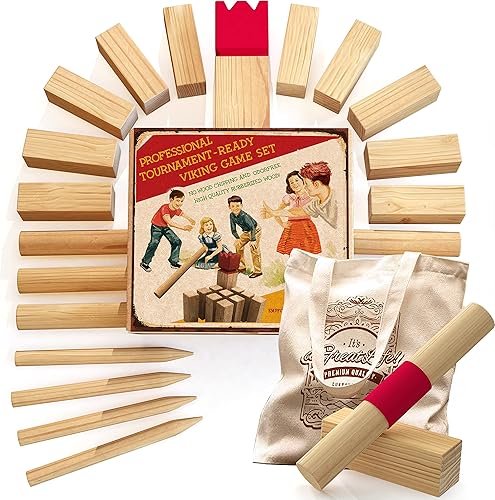 Miniatura 1 de aGreatLife Juego de juego Kubb Yard hecho de piezas de ajedrez vikingo de madera de goma viene con 2 piezas adicionales y una bolsa de transporte