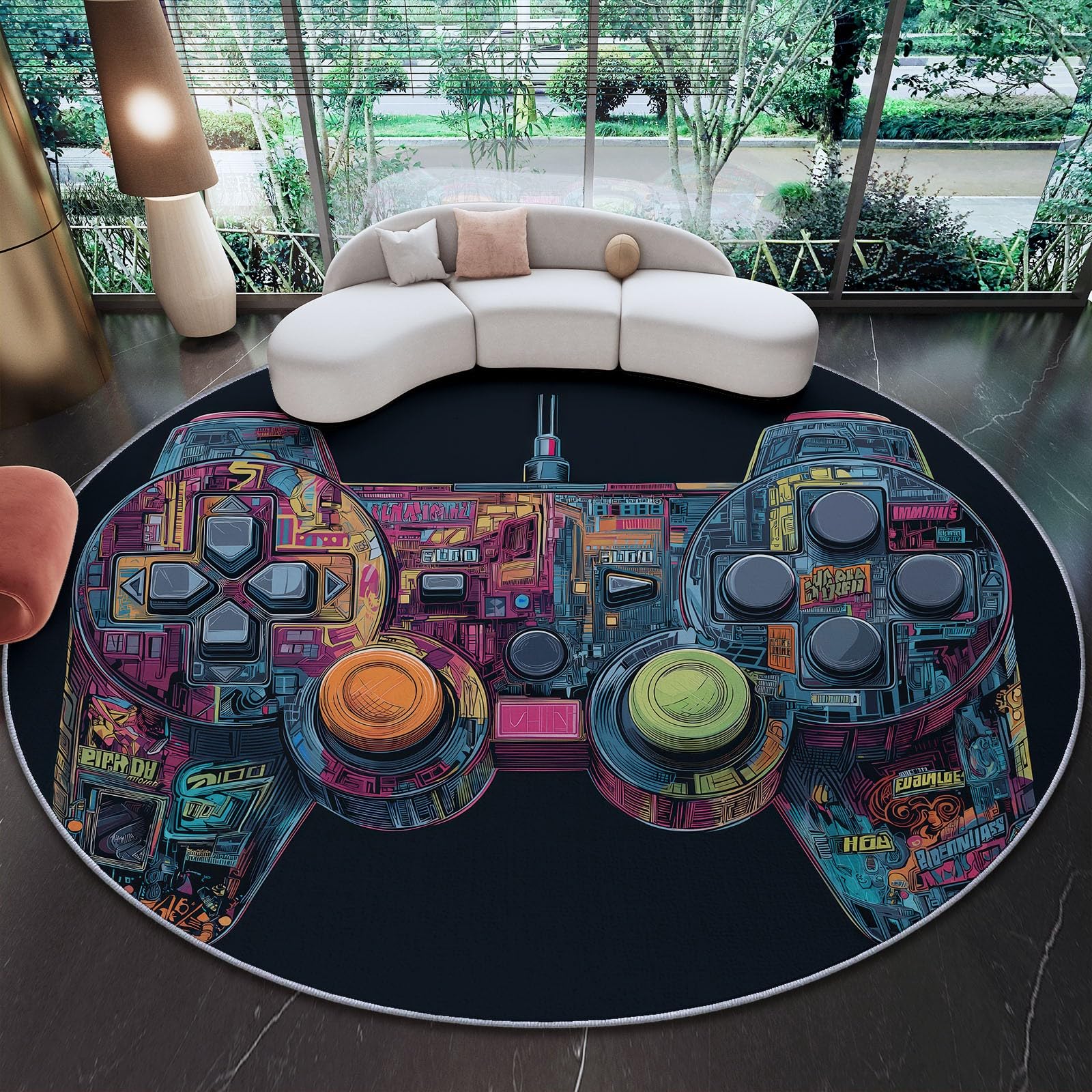 Tapis rond 120 cm lavable en machine gribouillages de dessin animé anti slip