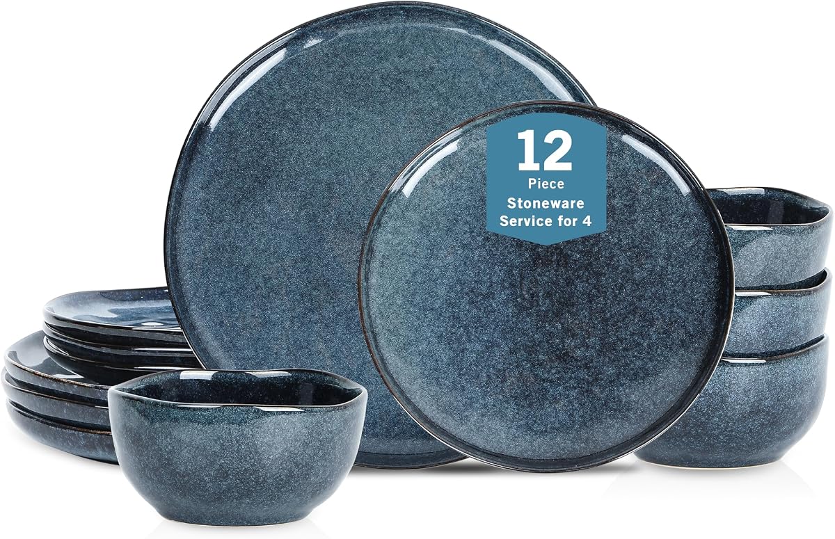 Stone + Lain Mirella Juego de Vajilla de Gres de 12 Piezas, Servicio para 4, Esmalte Reactivo, Azul Profundo - Incluye Platos Llanos, Ensaladeras y Tazones - Diseño Artesanal Moderno