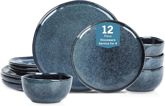Stone + Lain Mirella 12-Piece Stoneware Dinnerware Set, Service for 4, Reactive Glaze, Deep Blue Includes Dinner Plates, Salad Plates, and Bowls Modern Artisanal Design
