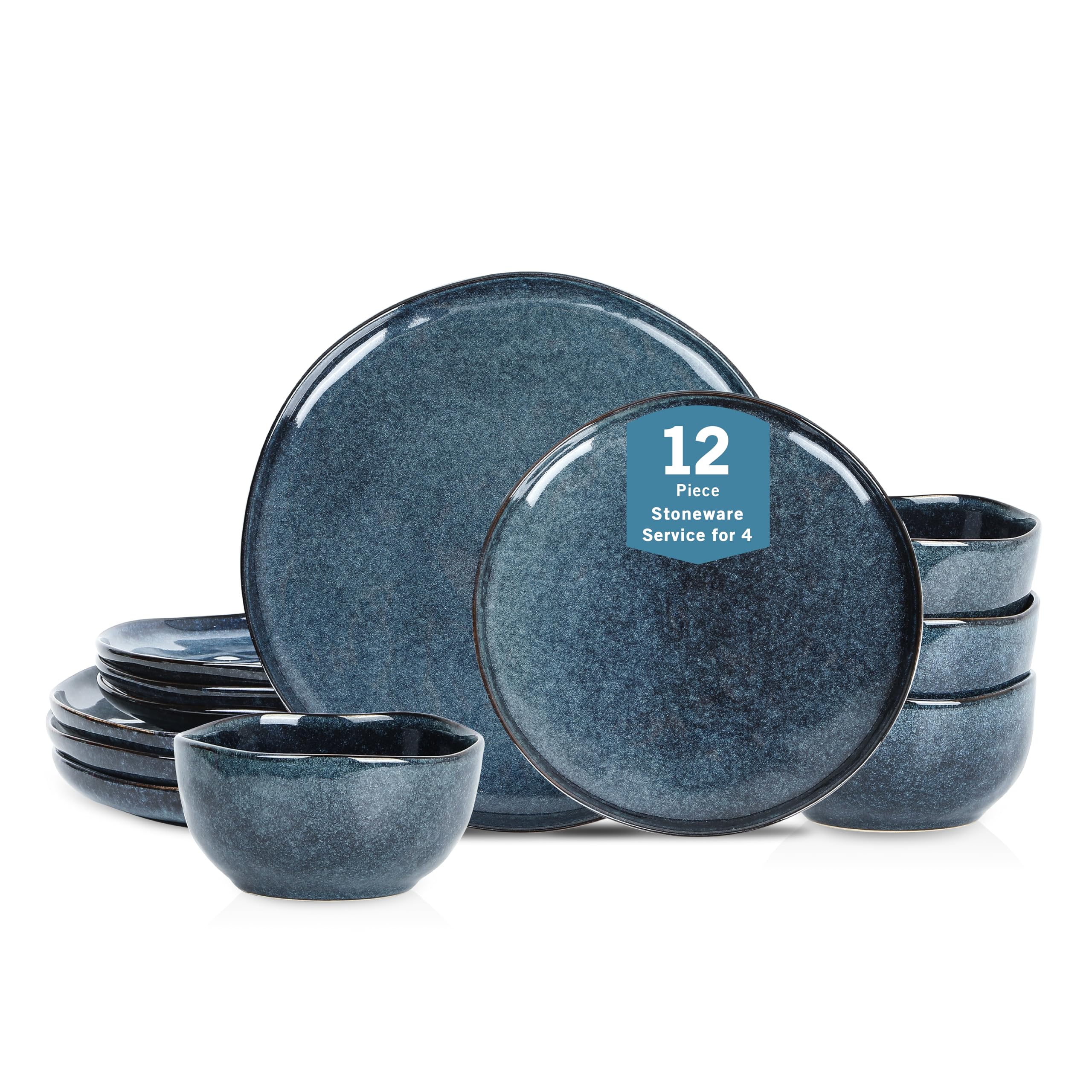 Stone + Lain Mirella 12-Piece Stoneware Dinnerware Set, Service for 4, Reactive Glaze, Deep Blue – Includes Dinner Plates, Salad Plates, and Bowls – Modern Artisanal Design