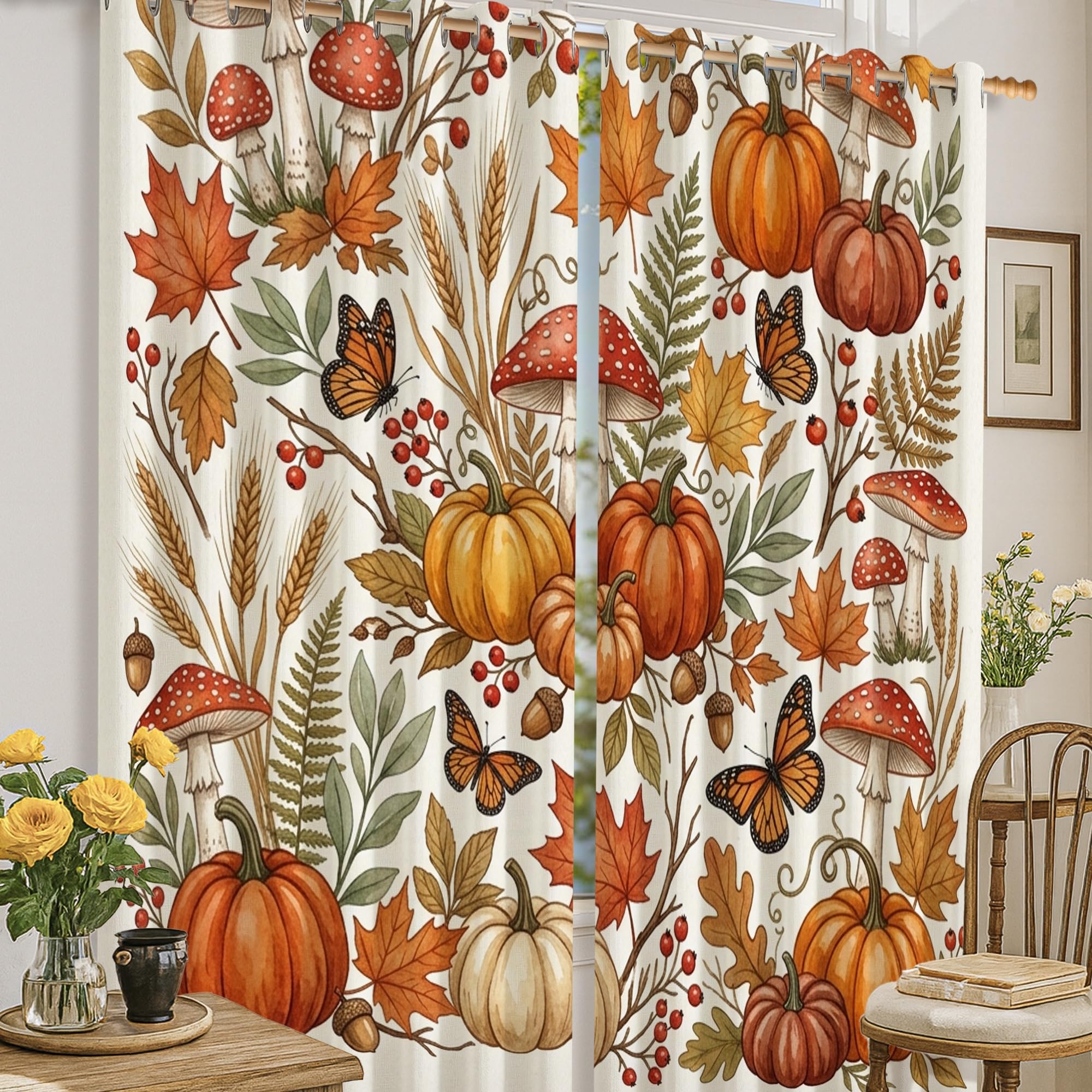 Rideaux occultants lavables en machine motif automne orange pour obscurité totale