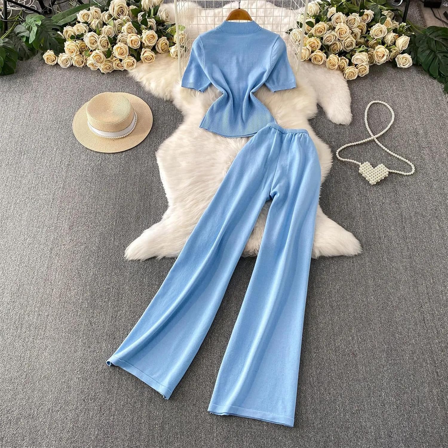 Women’S Office Simple Suit Summer Zipper Slim Wide Leg Pants Knitting Casual Set Wide Leg Pants Lounge Set