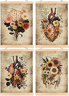 ROXMART Floral Medical Anatomy Poster Hanger Frame, Nursing Office Wall Decor, Vintage Flower Anatomical Wall Art Prints Decor for Doctor Nurse Office Classroom Hospital, 12x16 Inch Set of 4