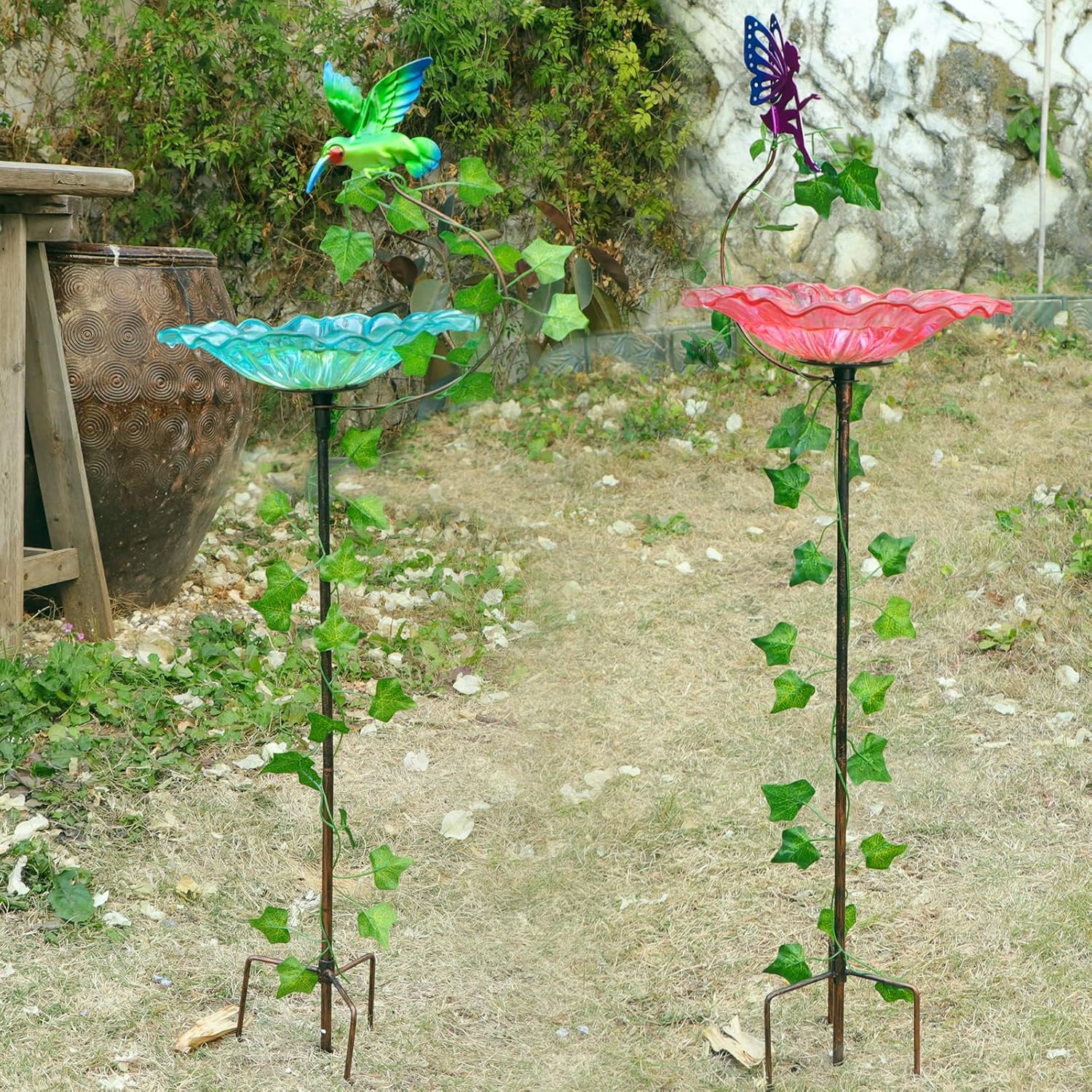 MUMTOP Bird Baths for Outdoors, 2 Pack Glass Bird Bath Stake, Hummingbird and Fairy Birdbaths & Support with Leafs, Bee Baths for Garden, Outside, Lawn, Outdoor Decor (Blue,Pink)